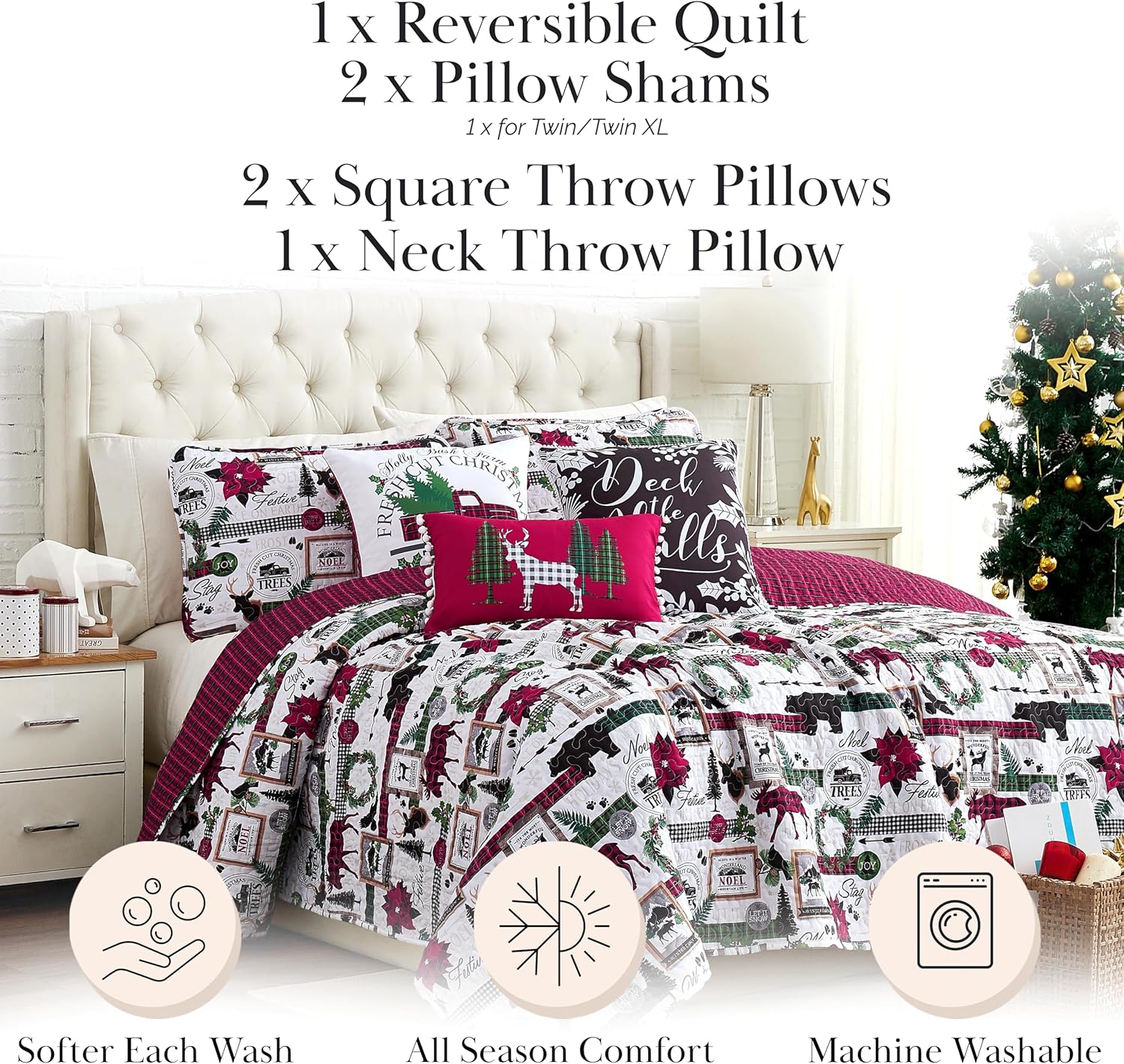 Southshore Fine Living, Inc. Merry Town Full/Queen Size Christmas Quilt Set, 6-Piece Christmas Bedding Set w/Shams & Throw Pillow; Reversible 2-Sided Red Plaid Quilt Over Rustic Cabin Print