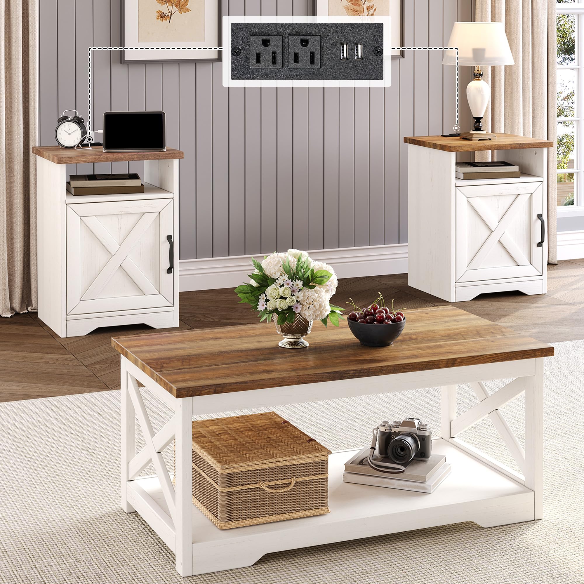 LUXOAK 3-piece farmhouse coffee table and end tables set with charging station in distressed white