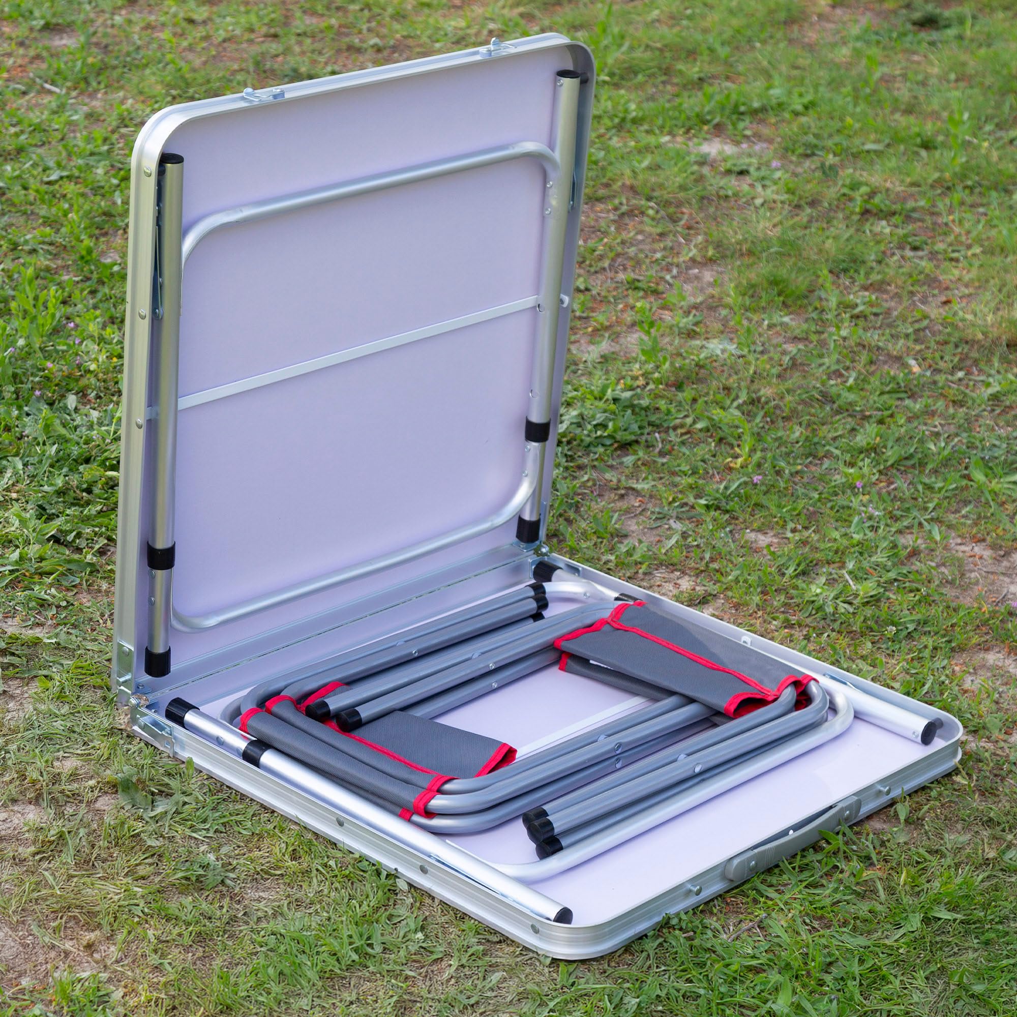 AKTIVE 63161 Tavolo pieghevole in alluminio con 4 sgabelli in acciaio, altezza regolabile 60-70 cm, superficie 120 x 60 cm, finitura grigia, design portatile con maniglia per campeggio, spiaggia e