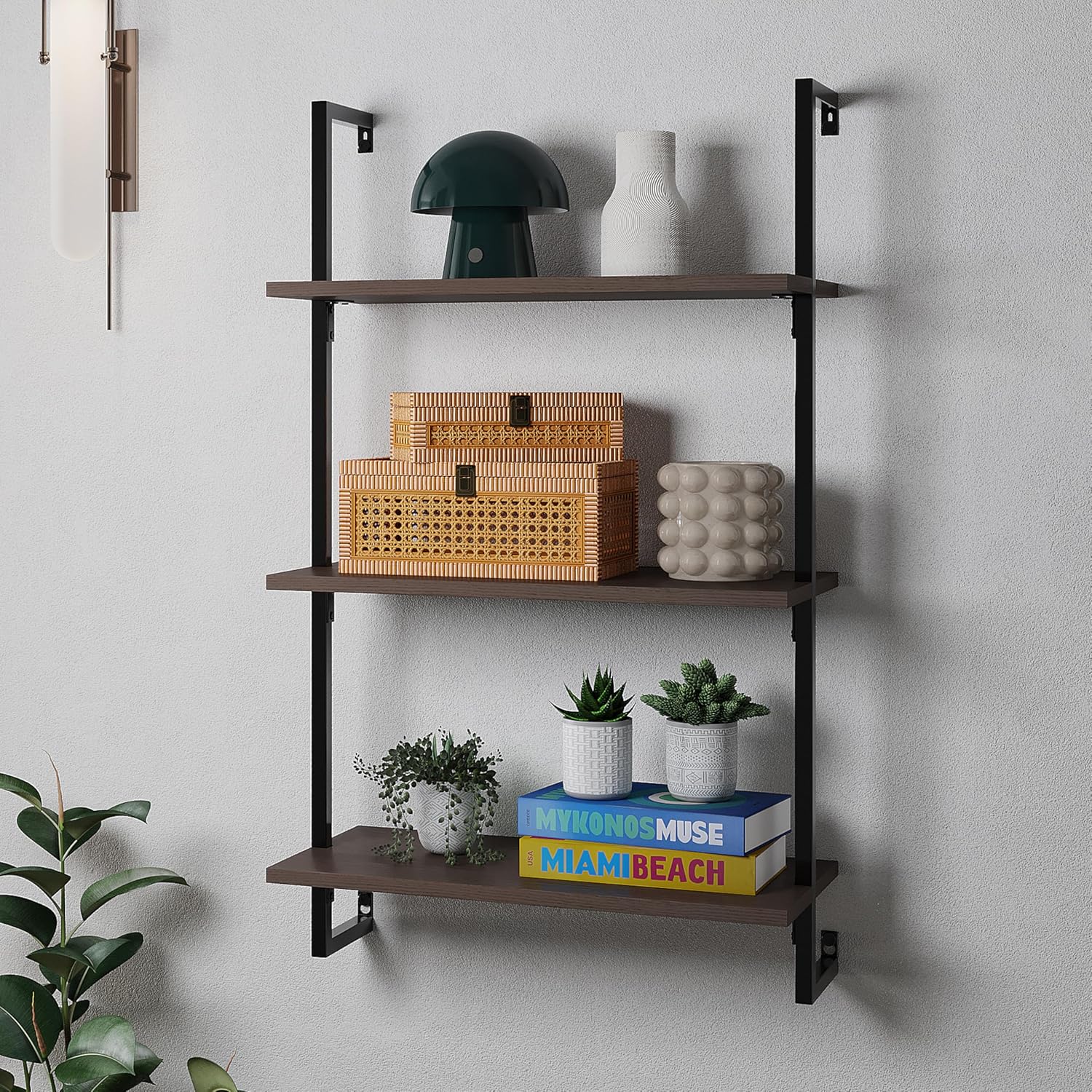 happimess MSH1000C Madera 40.55" Classic Industrial 3-Shelf Wood Wall-Mounted Open Ladder Bookcase with Metal Frame, Brown/Black