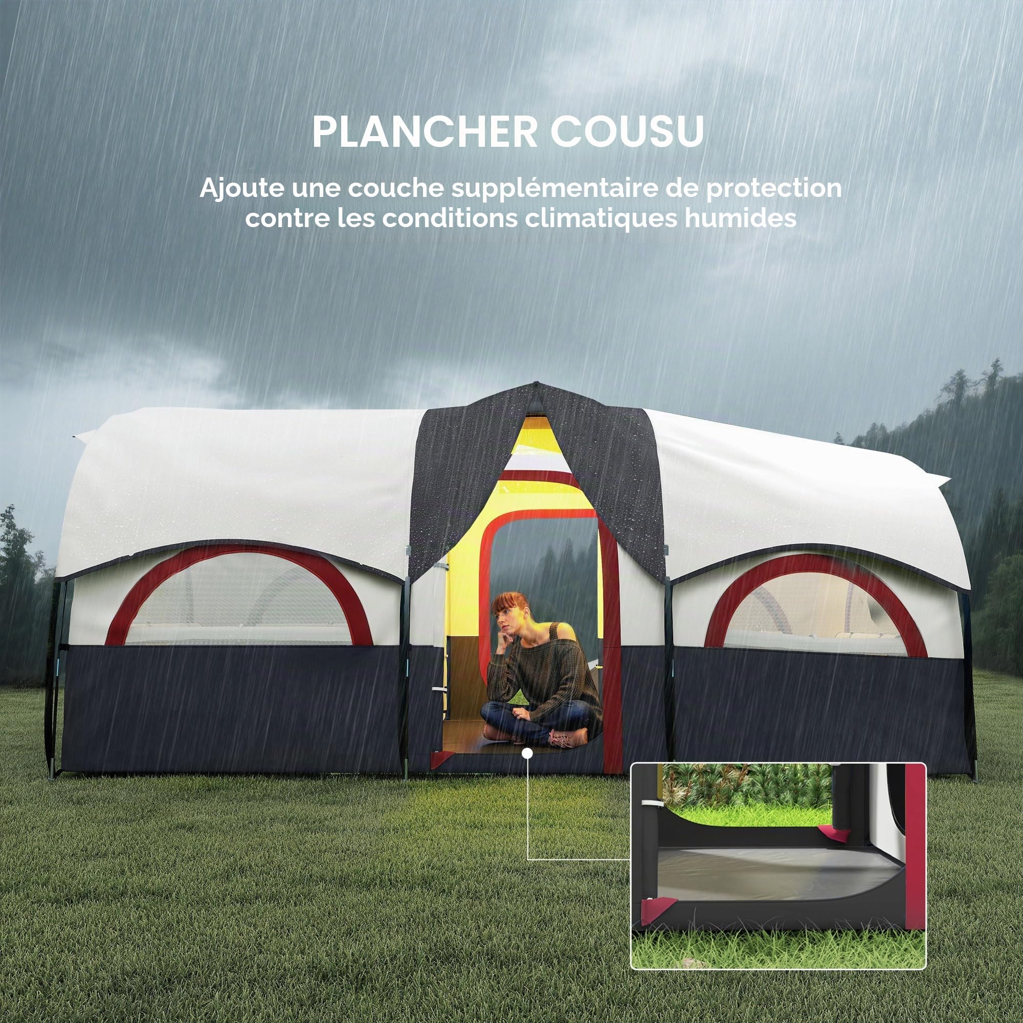 Outsunny Tente de camping familiale type tunnel pour 4-6 personnes imperméable 3000 mm Tente de camping pliable avec 2 chambres Sac pour randonnée 435 x 251 x 195 cm