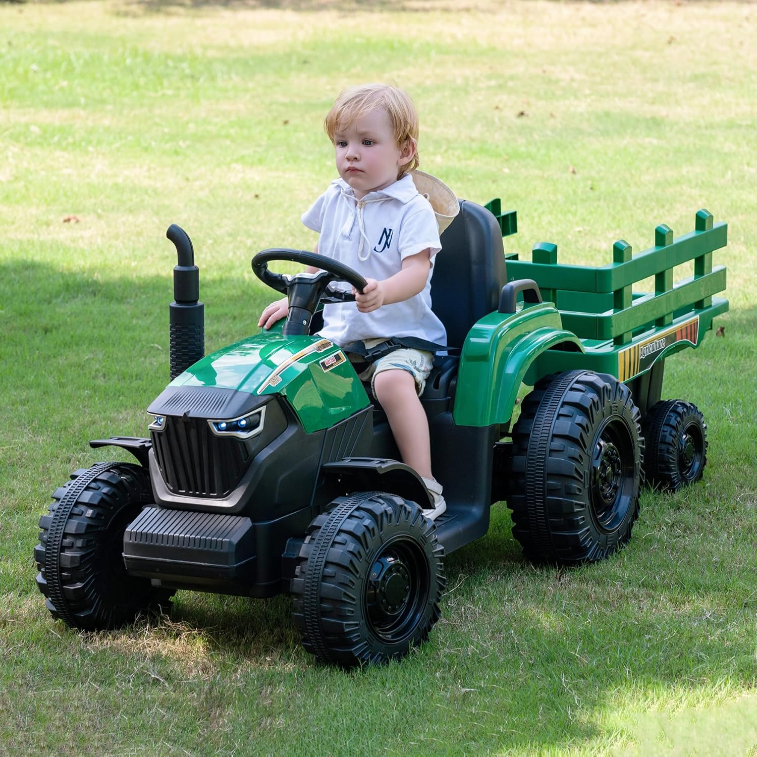 24V Kids Ride-On Tractor with Trailer, 400W Electric Farm Truck with Remote & Pedal Control, Headlights, USB MP3, Power Display, Adjustable Speeds, Safety Belt, Ride-On Toy Gift, Green