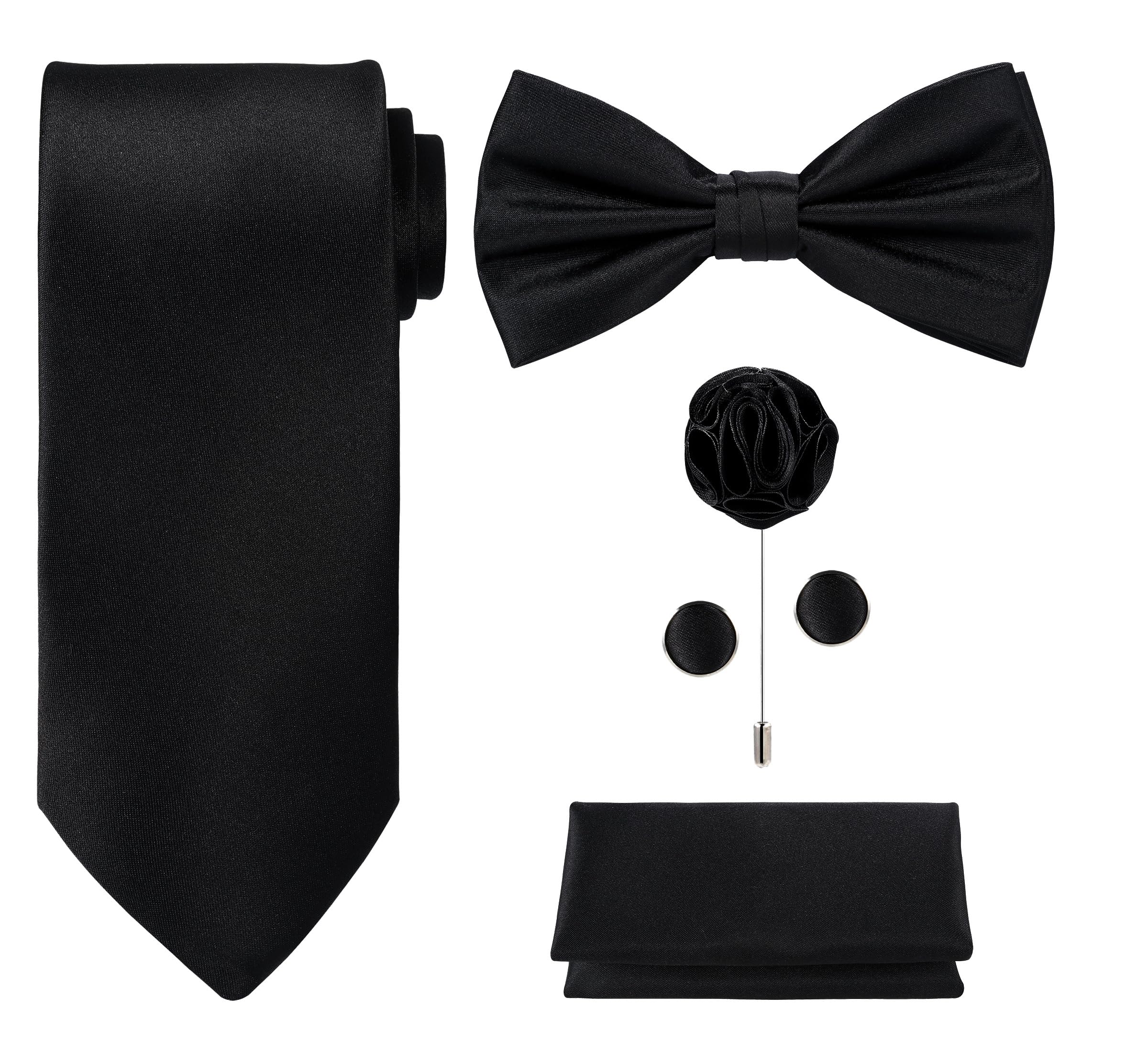 TIE G 5pcs Tie Set in WHITE OR BLACK GIFT BOX: Solid Color Necktie, Satin Bow Tie, Pocket Square, Lapel, Cuff Links
