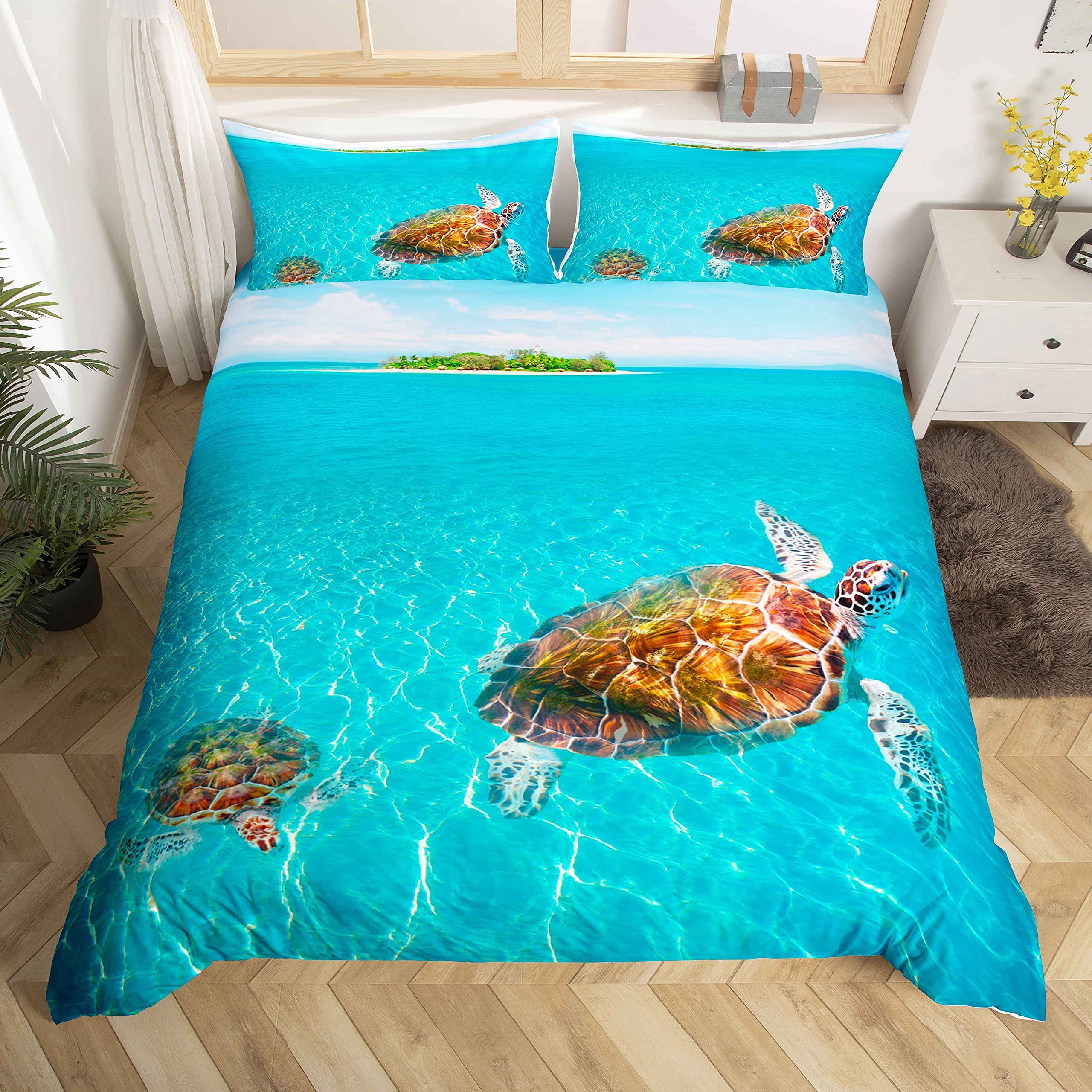 Loussiesd Ocean Beach Duvet Cover Set King Size Sea Turtle Bedding Set 3D Sea Animals Print Microfiber Comforter Cover with 2 Pillow Shams, Blue Hawaii Theme Bedspread Cover 3 Pcs, Zipper, Soft