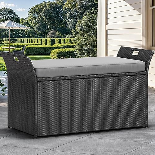Miniatura 10 de YITAHOME 90 Gallon Outdoor Wicker Storage Bench w/Cushion, Large PE Rattan Deck Storage Box w/Handles & Hydraulics for Patio Furniture, Cushions