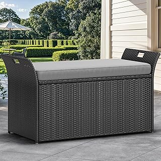 YITAHOME 90 Gallon Outdoor Wicker Storage Bench w/Cushion, Large PE Rattan Deck Storage Box w/Handles & Hydraulics for Patio Furniture, Cushions, Garden Tools, Pool & Sports Equipment, Black &Grey
