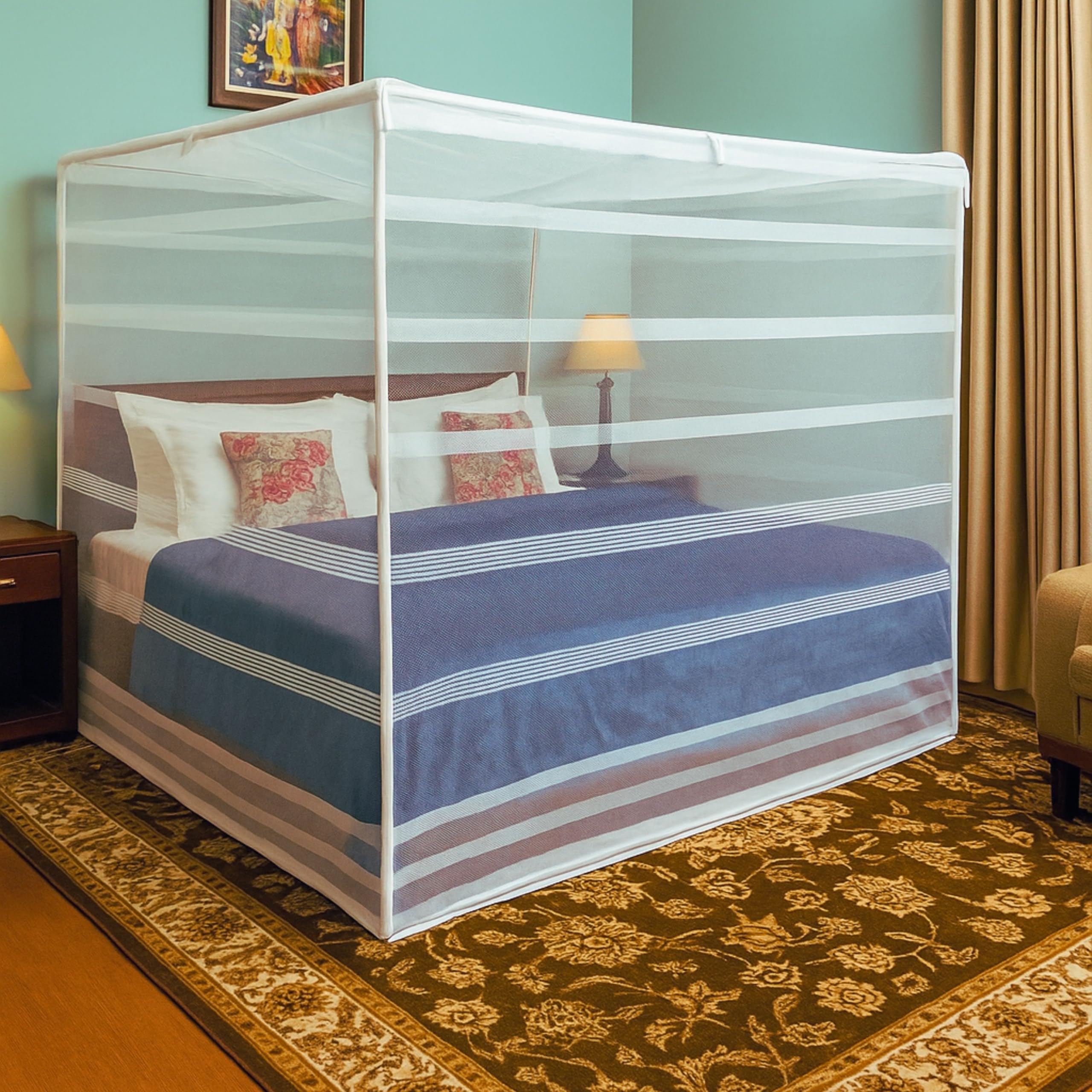 Bite-Free Mosquito Net for King Size Bed & Double Bed (6x7 ft), Stylish Horizontal Banded Stripe Design, Wall/Hook Hanging Foldable Machhardani Ideal for Home, Travel & All-Season Use (Pearl White)-picture-30