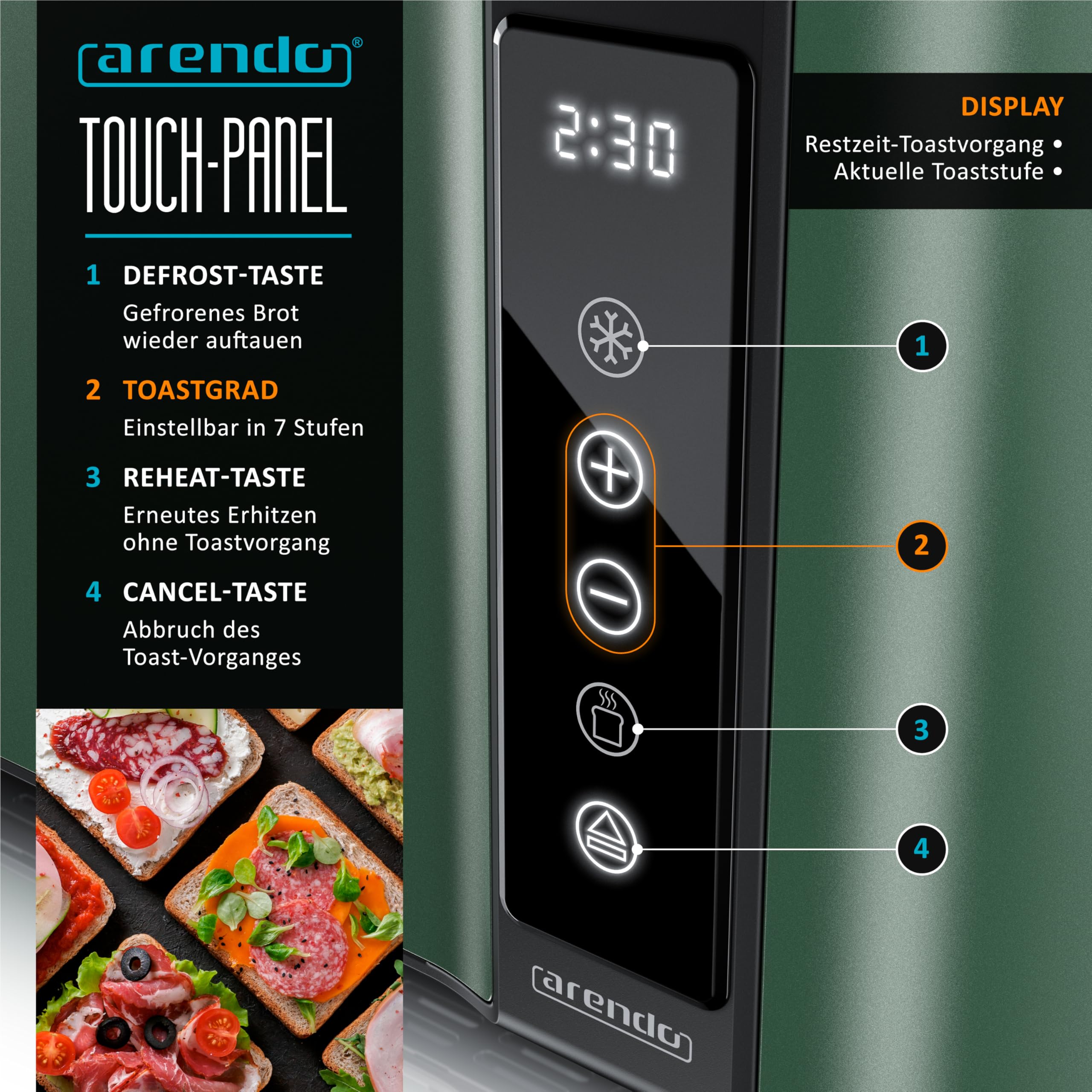 Arendo - Edelstahl Toaster Langschlitz 4 Scheiben- Touchscreen – Doppelwandgehäuse – 1500 W – Integrierter Brötchenaufsatz – 7 Bräunungsgrade – Brotzentrierung – Restzeitanzeige – Memoryfunktion