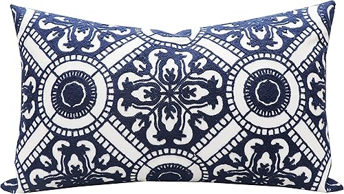 Slow Cow Funda de cojín lumbar con bordado de lino, funda de cojín rectangular con patrón floral para sofá dormitorio, 12 x 20 pulgadas