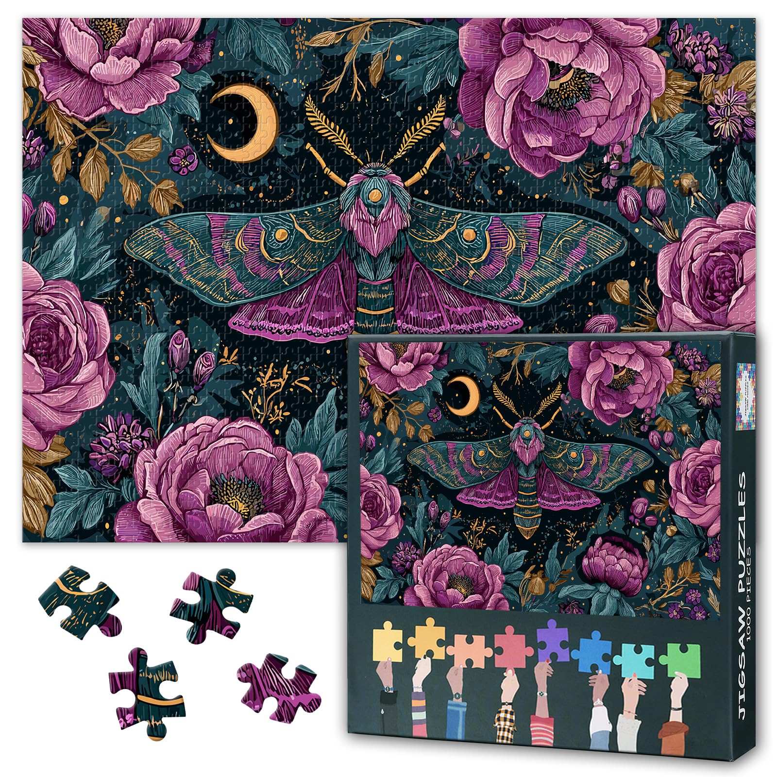 1000 Piece Jigsaw Puzzle for Adults Mystical Moths and Botanical Florals Enchanted Night Garden Pattern Intricate Design Puzzle Art for Mindfulness and Relaxation 27.5x19.7 Inch