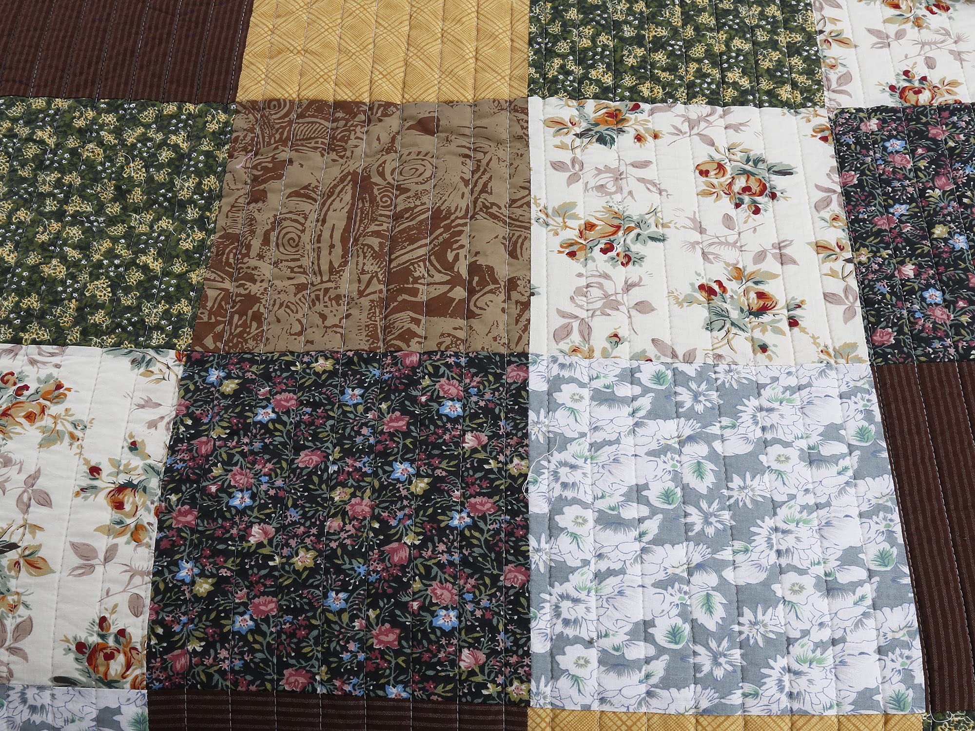 Cozy Line Home Fashions Andy Brown Olive Mustard Yellow Black Real Patchwork Quilt Bedding Set