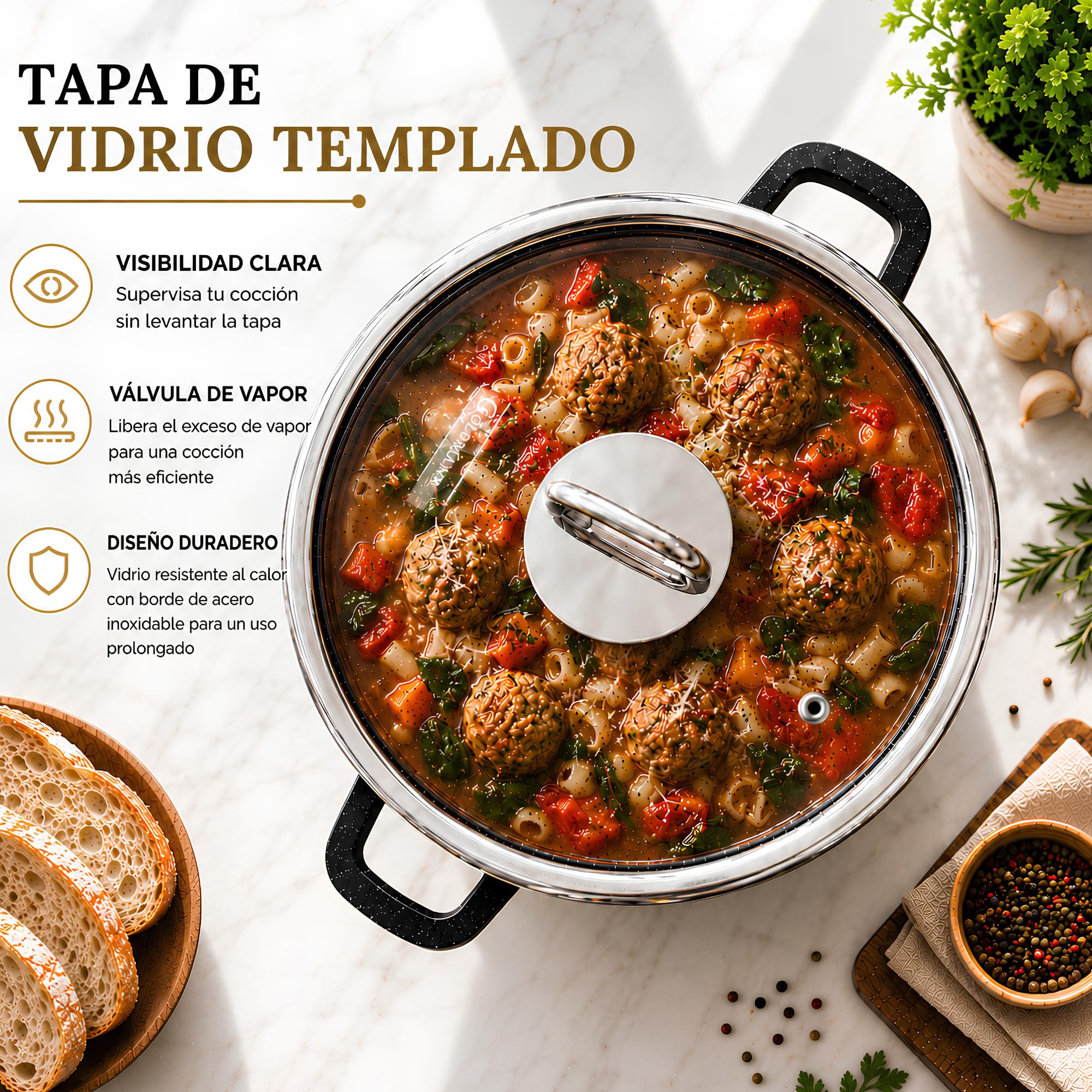 GOLDMANN olla aluminio fundido de 28 cm y 10 L, con revestimiento antiadherente de mármol cerámico, tapa de vidrio, apta para inducción y todo tipo de cocinas, apta para horno y libre de PFOA