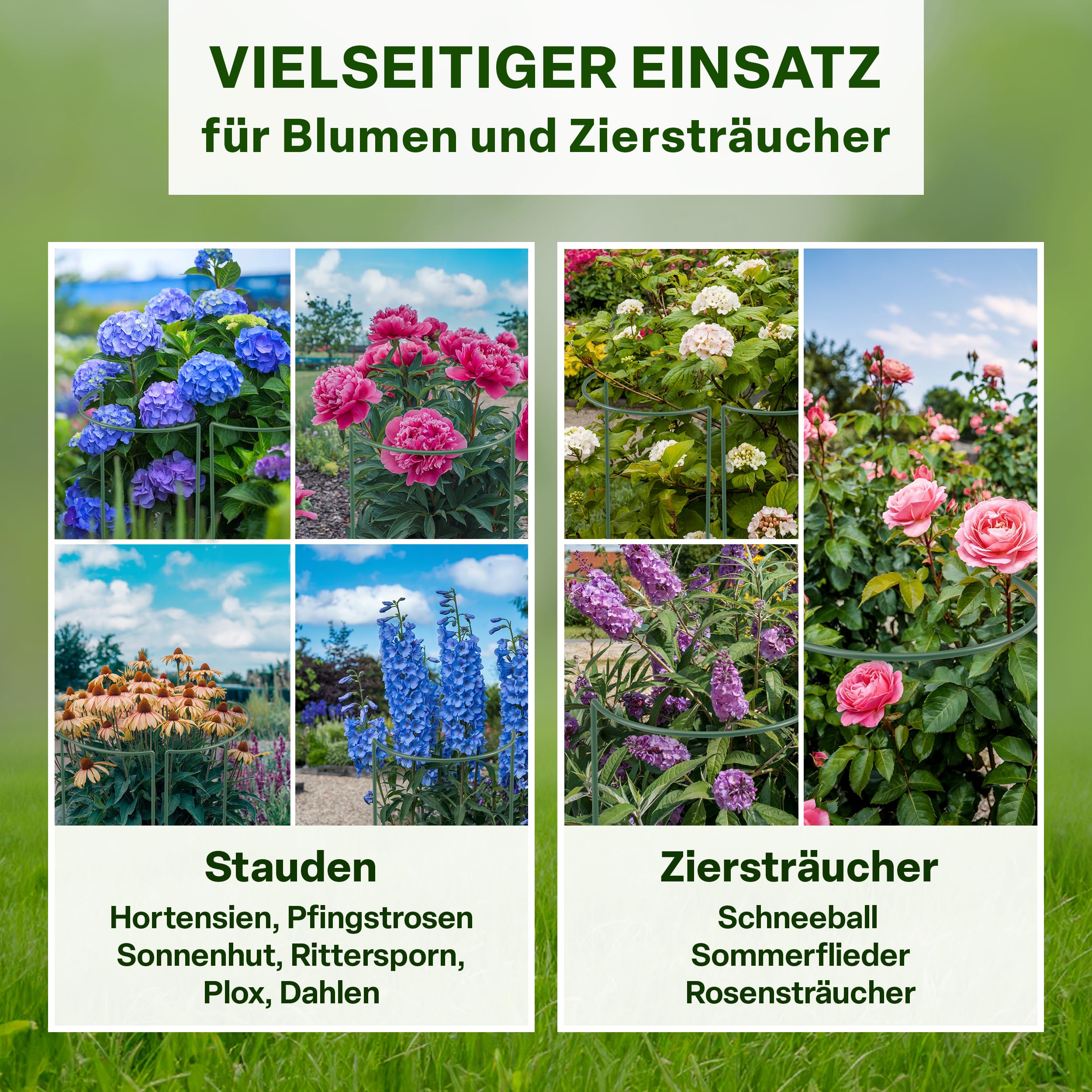 TTL GARDEN Strauchstützen 100cm x 40cm 10er Set + Klettband - Pflanzenstütze Stahl rostfrei Kunststoff beschichtet - Pflanzenhalter Staudenhalter Blumenhalter Hortensie Rose Pfingstrose Ø 5,5mm grün