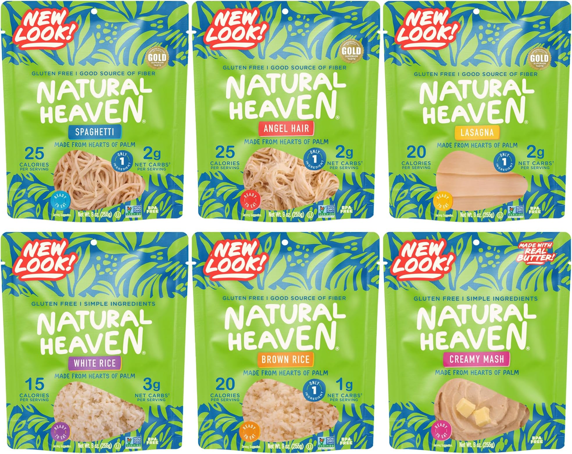 - Natural Heaven Hearts of Palm Variety 6-Pack – Spaghetti Noodles, Angel Hair Pasta, Lasagna, White & Brown Rice, Creamy Mash, Low-Calorie, Keto & Gluten-Free Food, 9 Oz Ea