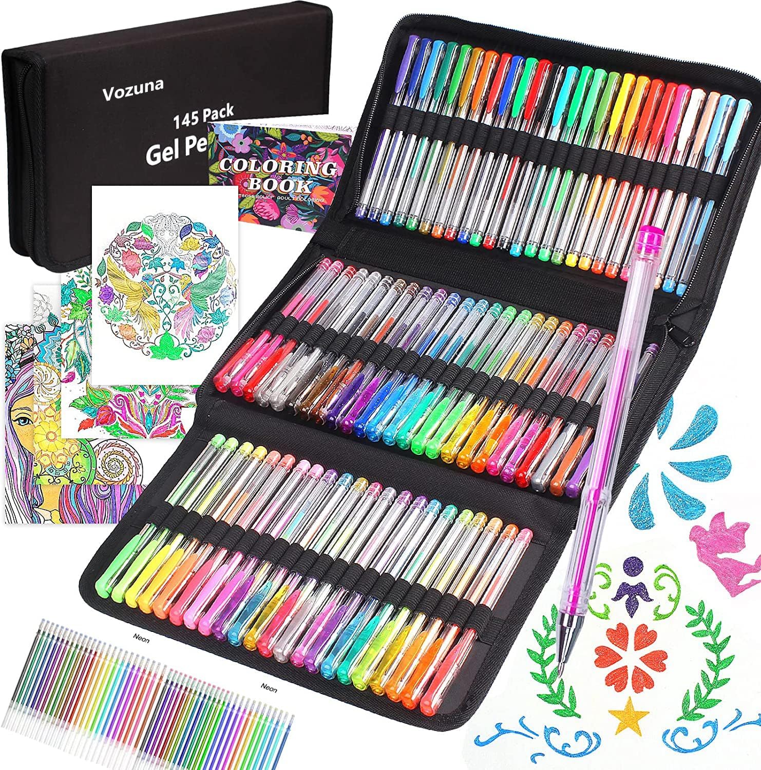 Vozuna 145Pack Glitzer Gelstifte für Erwachsenen Malbücher, 72 Gelschreiber und 72 Nachfüllpackungen mit 1 Malbuch für Kinder, Zeichnen, Kritzeln, Basteln, Scrapbooking