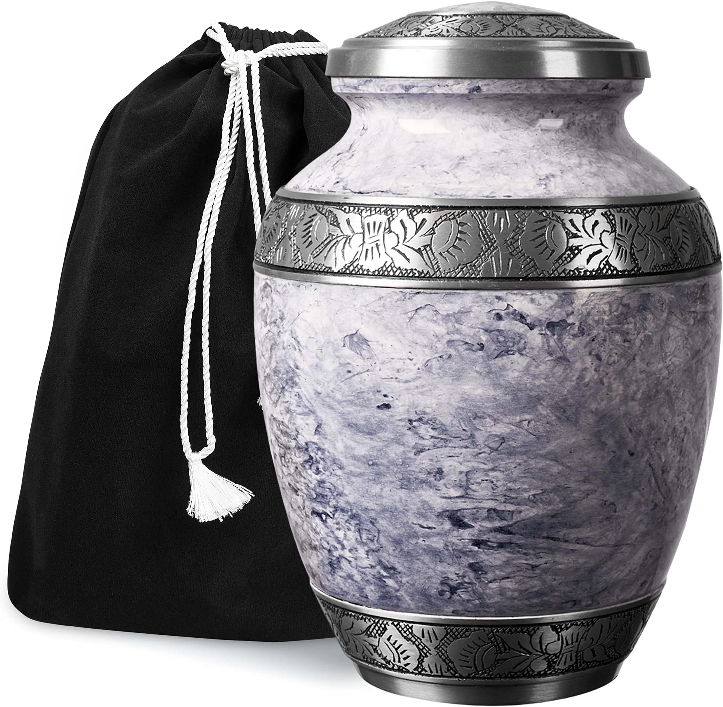 Cremation Urn for Adult Human Ashes - Large Handcrafted Funeral Memorial with Striking White (Pearl) Design (Aluminum - 10 Inch Height x 7 Inch Width)