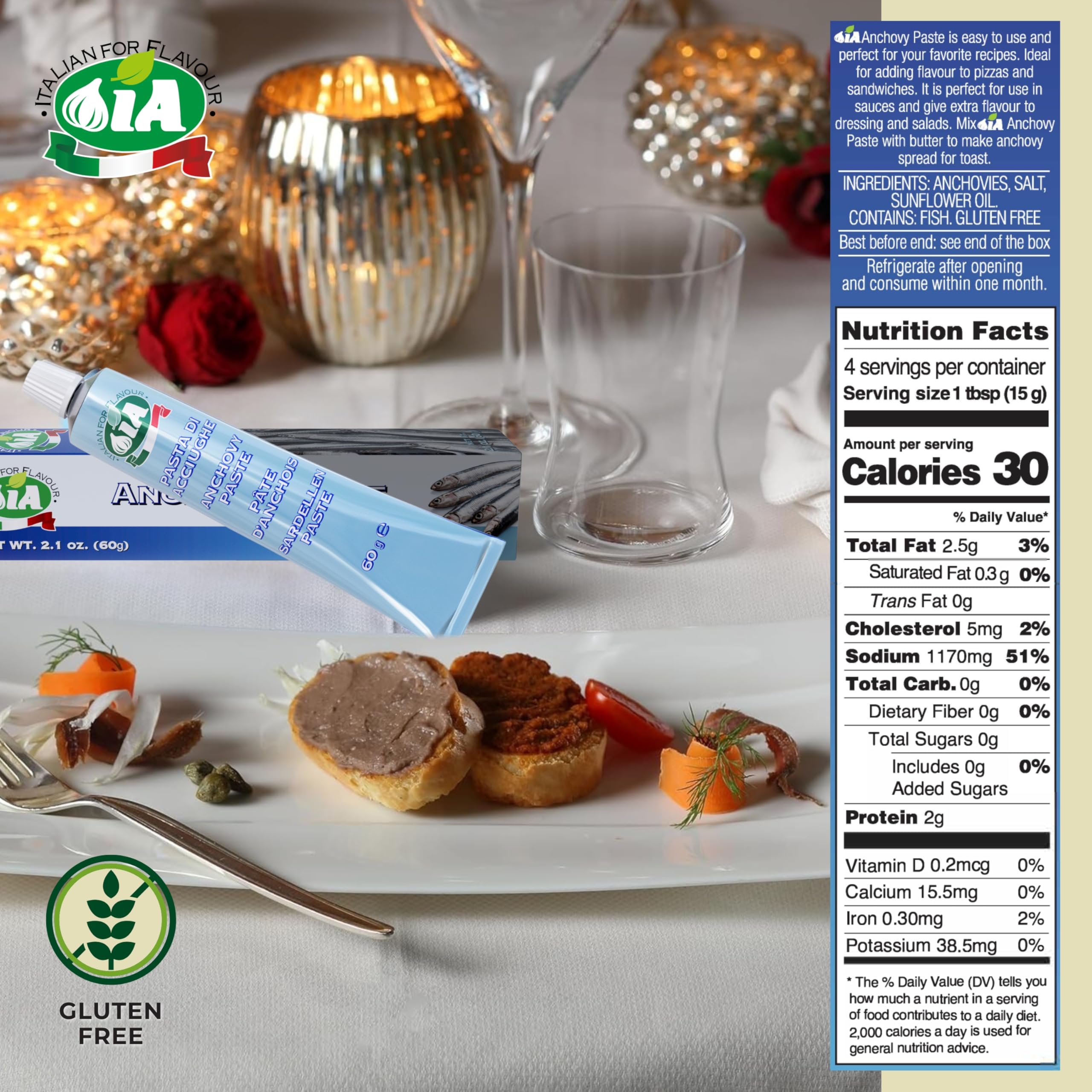 IA Anchovy Paste Ready to Use in a 2.12oz (60g) Tube, Ideal for Salads, Eggs or Sandwiches, Gluten-Free, Recyclable and Anti-Waste Packaging