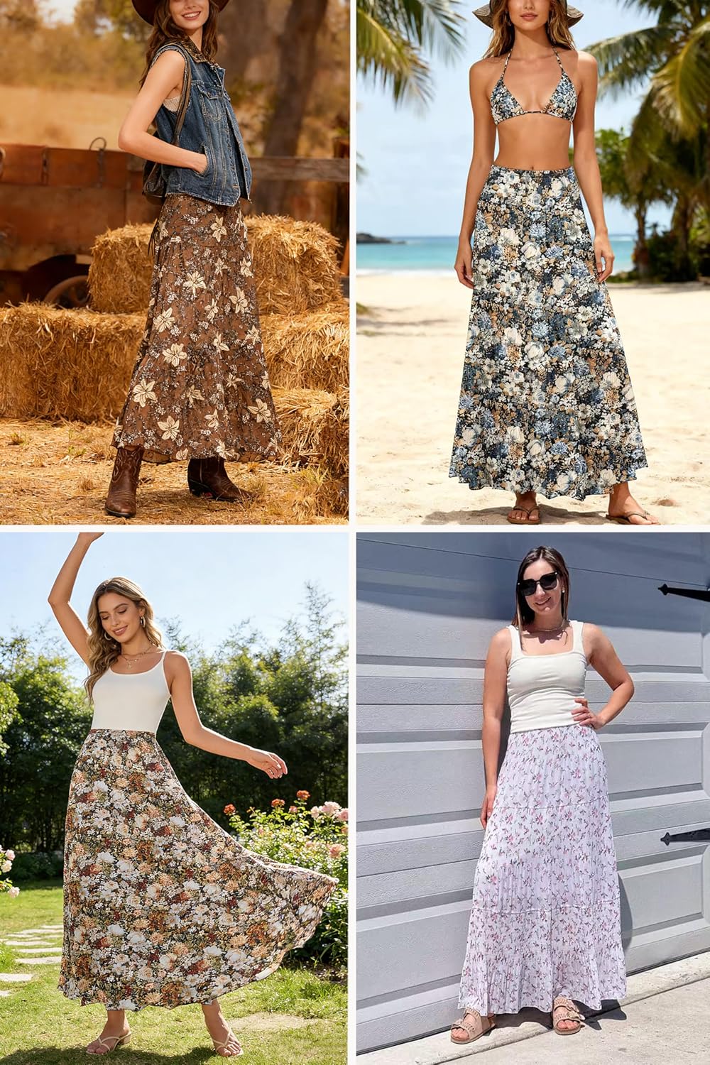 Womens Chiffon Long Skirt Elastic High Waist Floral Maxi Skirts Tiered Pleated A Line Boho Flowy Long Skirts