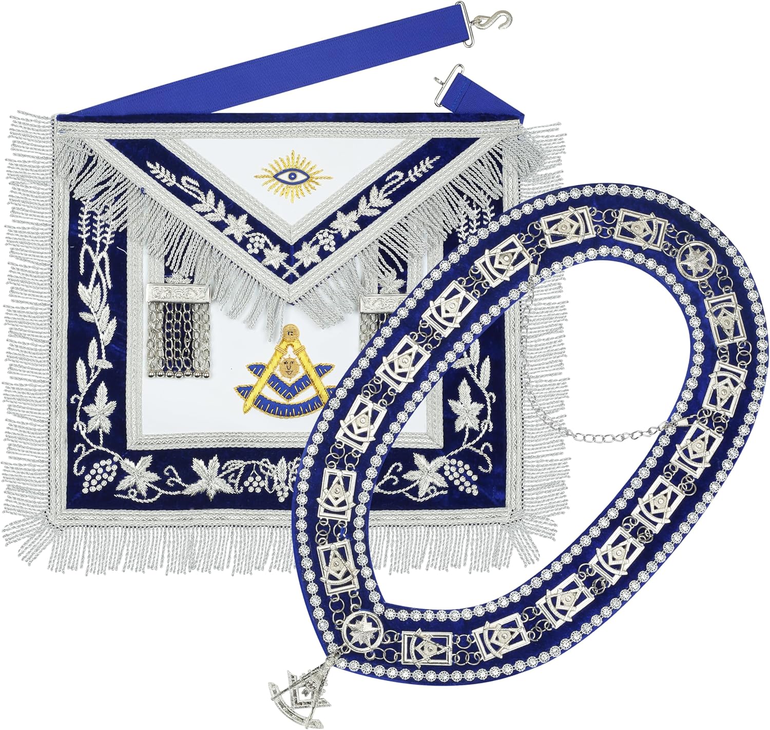 SialkotCrafts Masonic Past Master Apron – Pure Lambskin Hand-Embroidered with Bullion Thread, Beaded Chain Collar & Free Jewel
