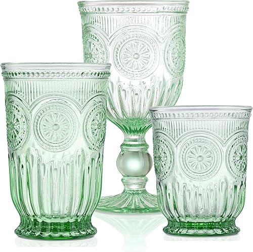 Yungala Paquete de cristalería verde Copas de vino verde girasol, vasos altos verdes y vasos pequeños verdes Juegos de cristalería verde a juego