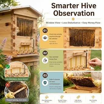 Bee Hive Starter Kit, Premium Wood Beekeeping Box with 7 Flow Frames,Easy Assembly Beekeeping Starter Kit, Moisture-Proof & Weather-Resistant for Climate