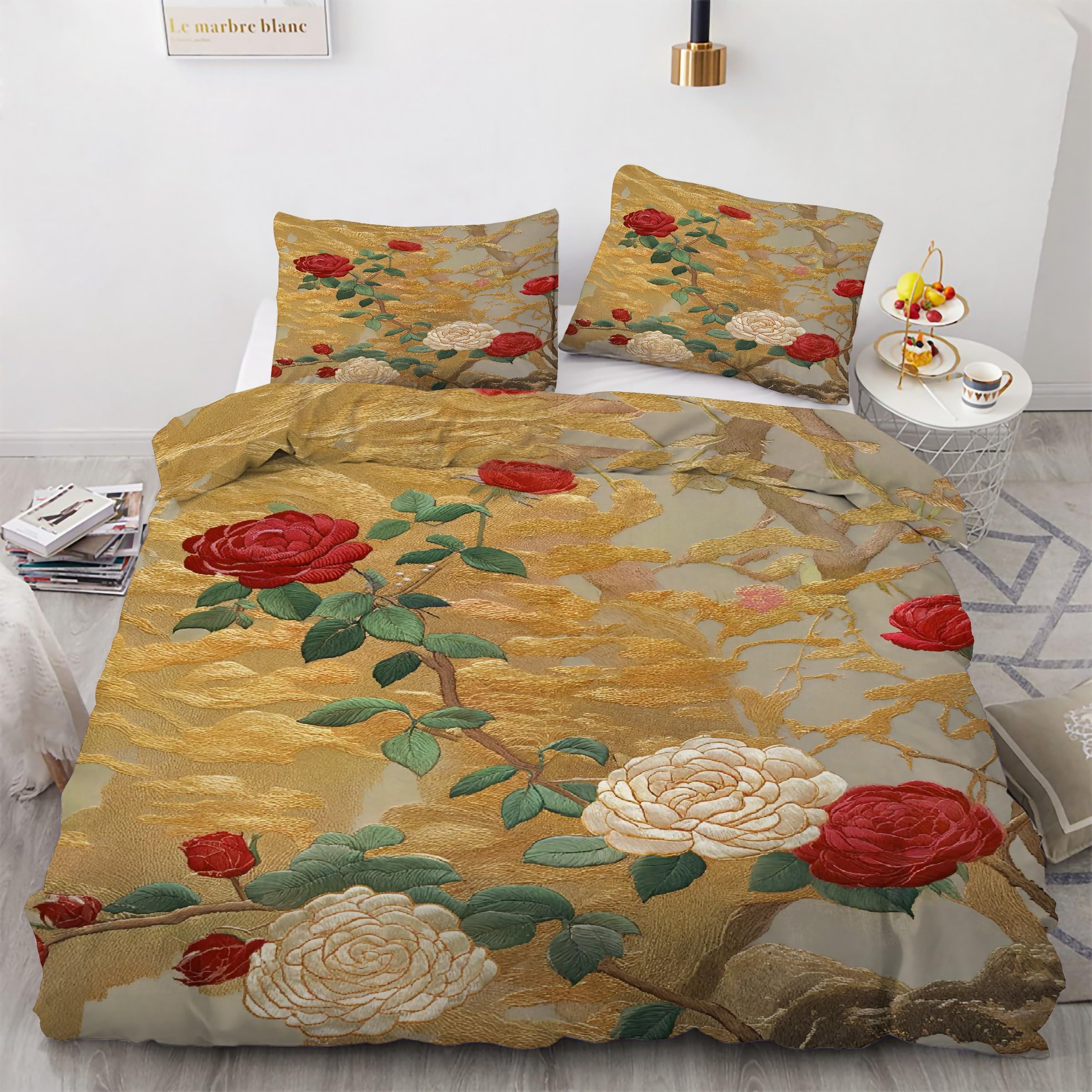 Ensemble de literie 3 pièces housse de couette 200x200 cm rouge motif floral pivoine