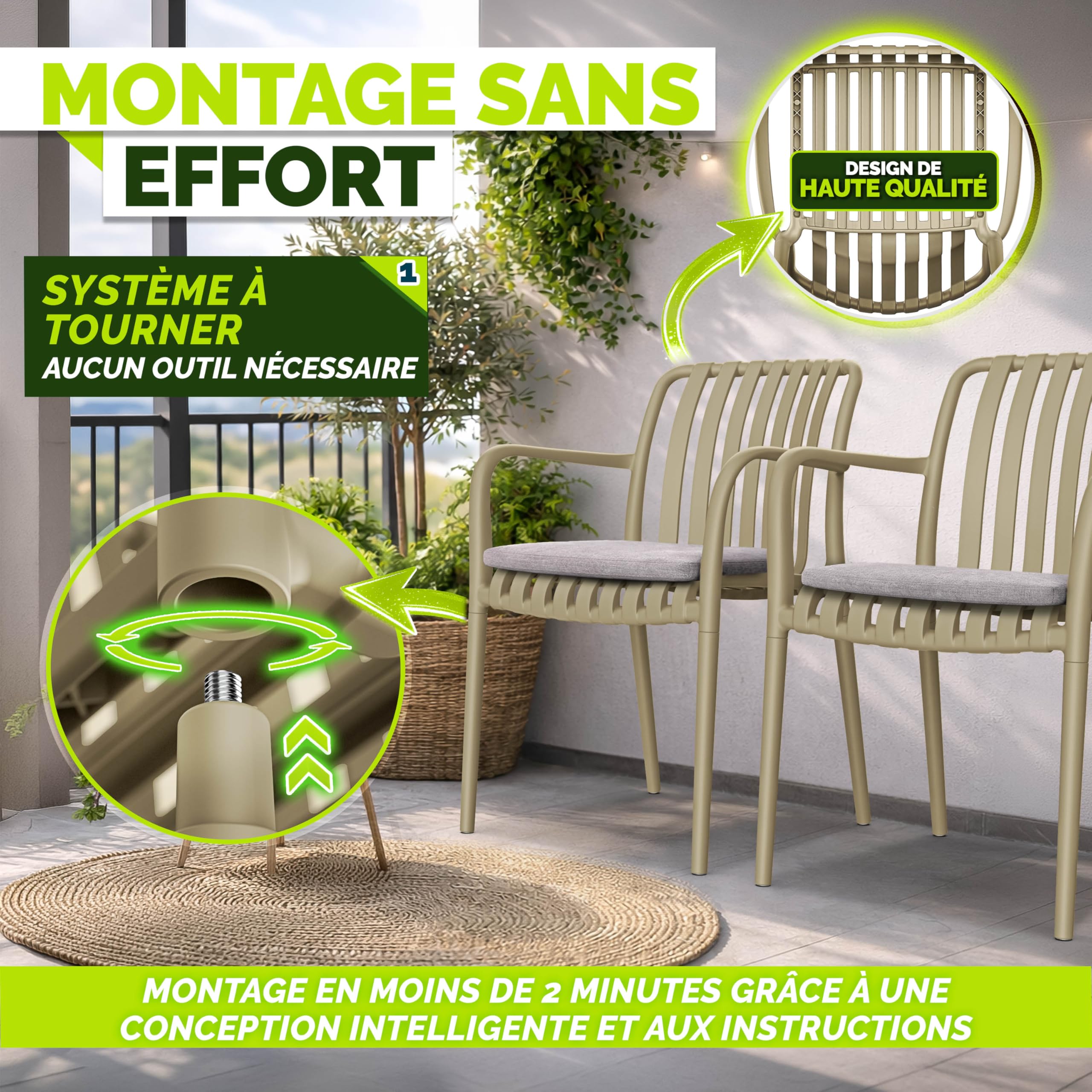 tillvex Lot de 4 chaises de Jardin, empilables, résistantes aux intempéries, avec accoudoirs, Charge maximale : 120 kg, pour extérieur, Balcon, Jardin, terrasse