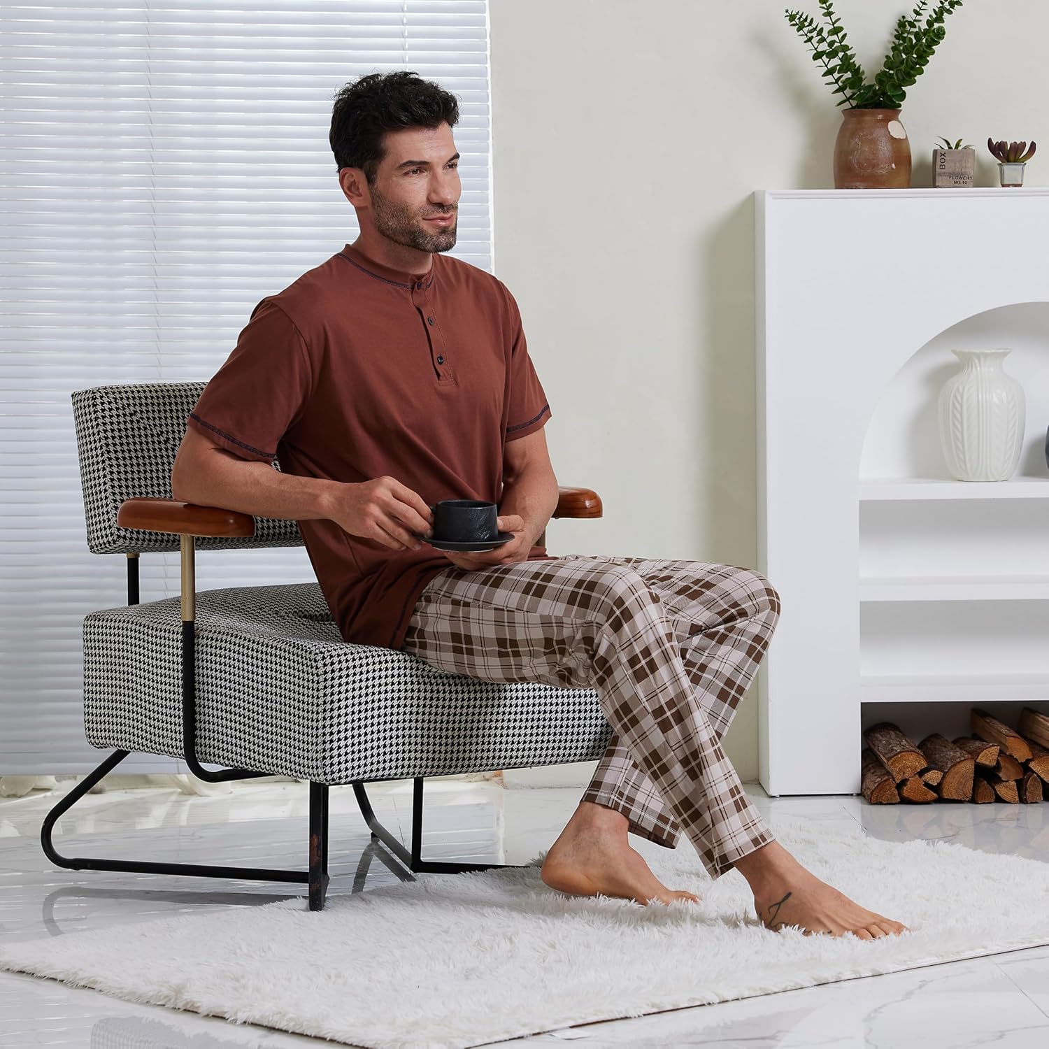 Keyocean Mens Pajama Set, Soft Cotton Short-Sleeve T-Shirt & Long Pants PJ Set for Sleeping - Image 6