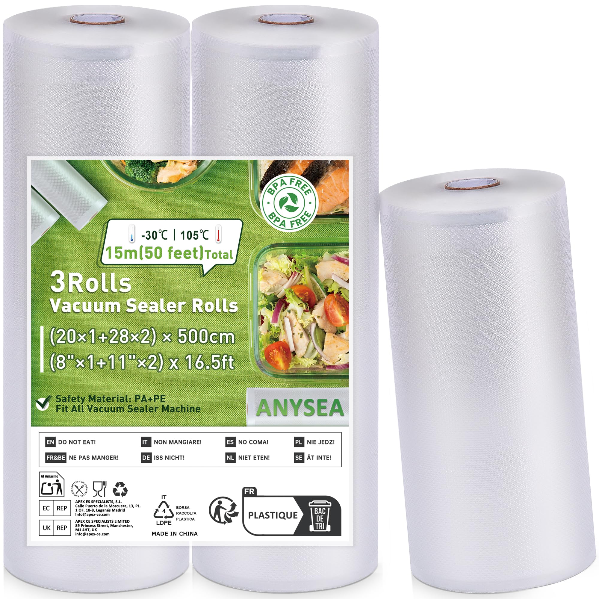 Anysea Rouleaux Sous Vide Alimentaire 3 Tailles - Film Résistant 7 Couches