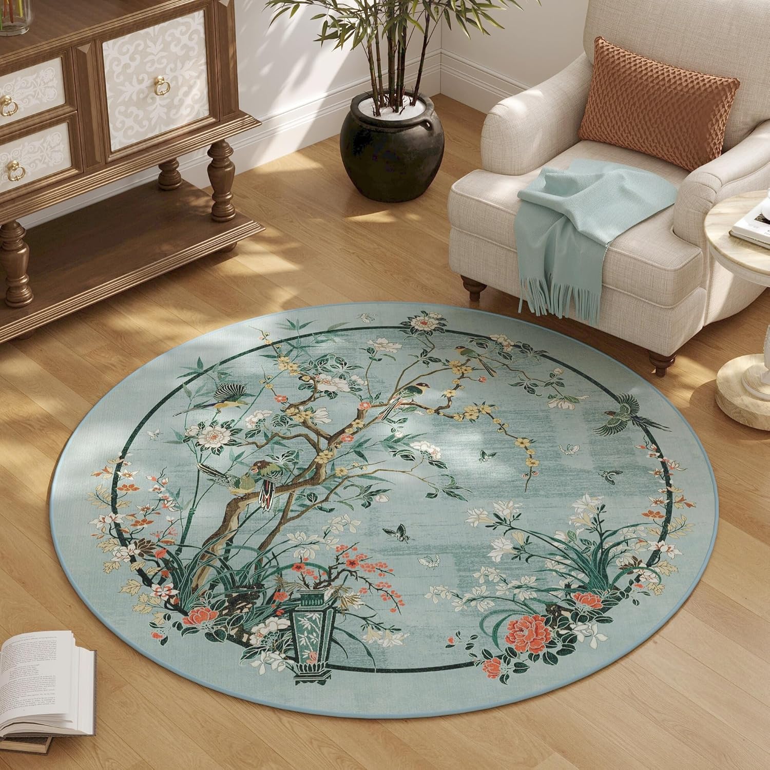 Circle Rug 4ft Chinoiserie-Style Floral Vintage Washable Round Rug Non Slip Low Pile Small Circular Rug for Bedroom, Bathroom, Entryway, Kids Room, Office, Blue Blue - Chinoiserie 4' (Round)