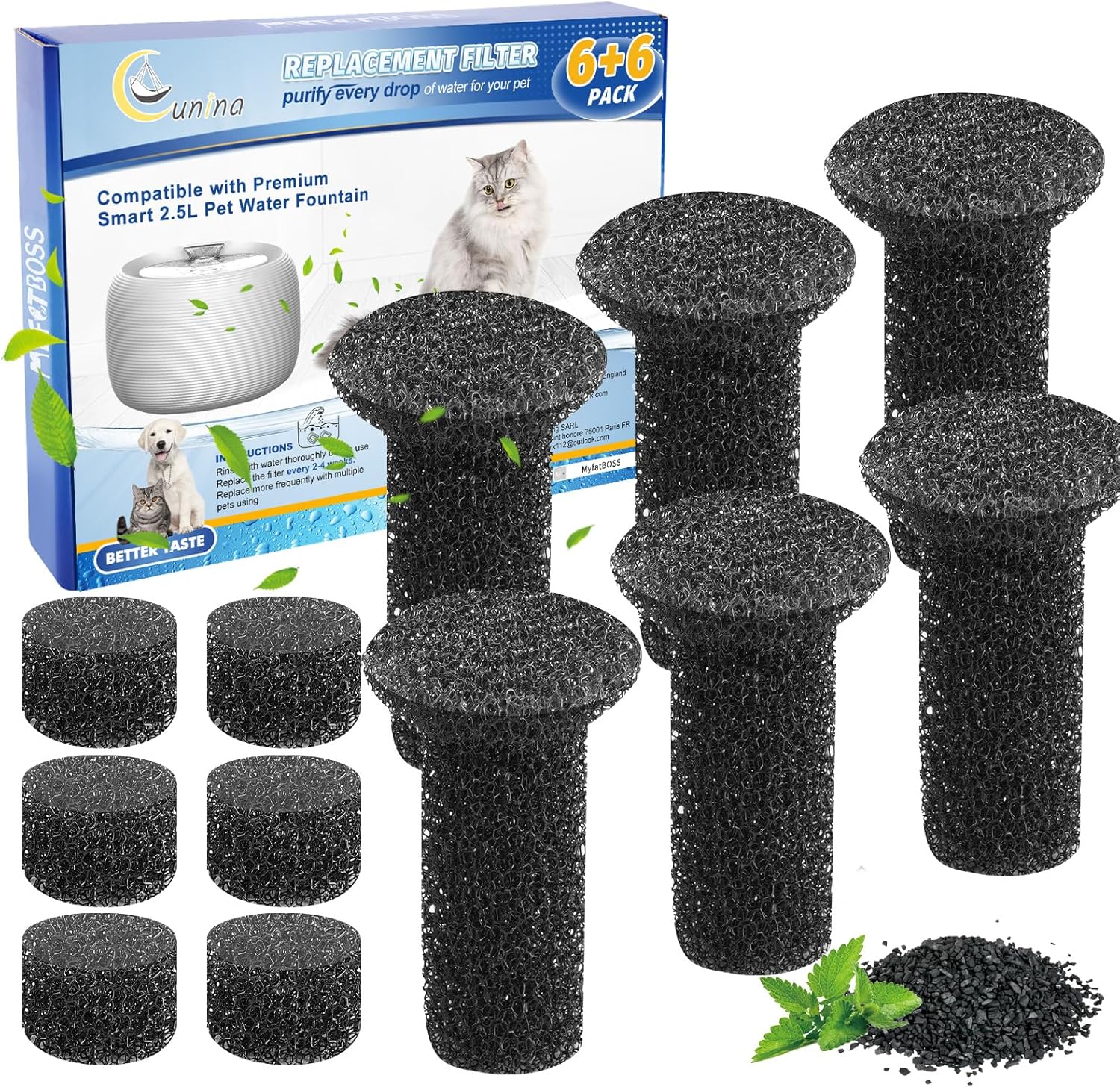 Premium Fountain Replacement Foam Filters/Sponge Mufflers – 6 Sets (Compatible with Premium Smart 2.5L/84oz Cat Pet Dog Water Fountain for Drinking)