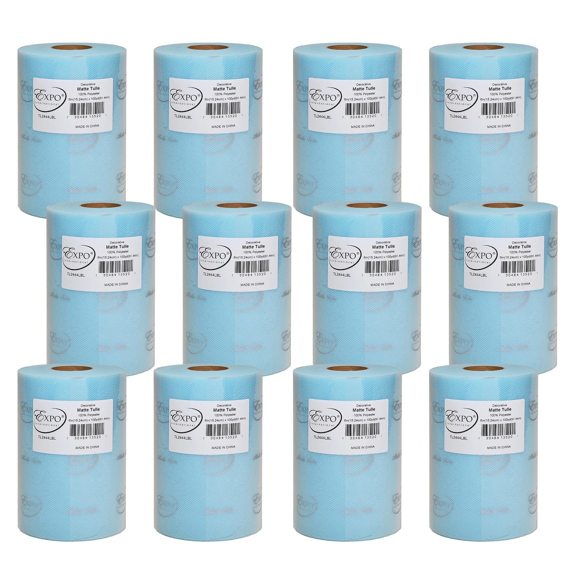 Expo International Decorative Matte Tulle, Roll/Spool of 6” X 100 Yards, Lightweight Polyester Tulle Fabric for Tutus, Costumes, and Party Decorations, Washable, Easy-to-Use, Pack of 12, Light Blue