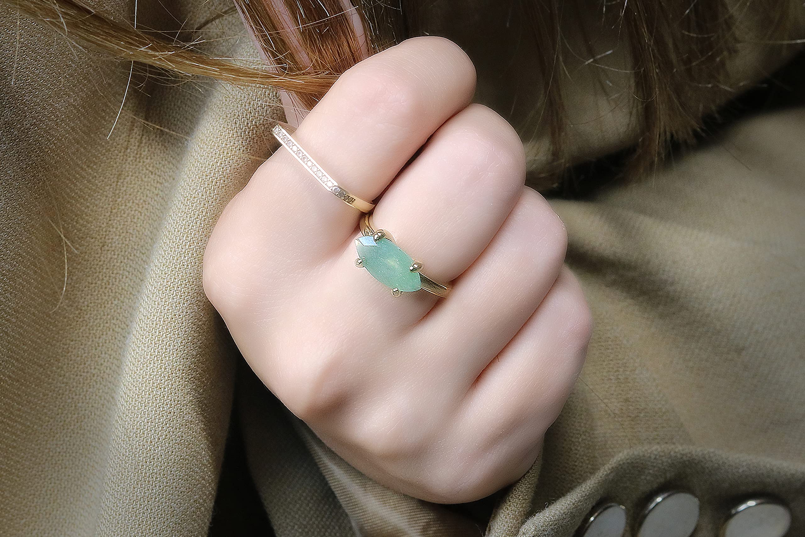 Anillo de Aventurina Verde en Banda Delicada Personalizable - Anillo Solitario para Compromiso, Promesa, Apilado, Moda Diaria, Regalo para Ella - Anillos de Piedras Preciosas Hechos a Mano