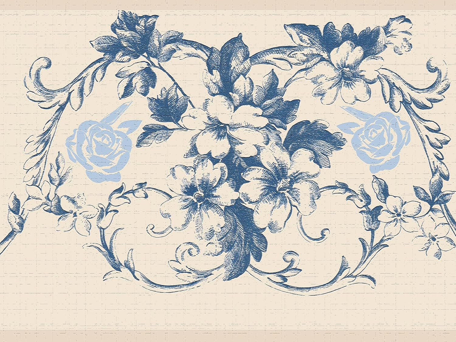 Dundee Deco Wallpaper Border Peel and Stick DDAZBD9108 Damask Blue Vines Flowers Scrolls Wall Border Retro Design, 15 ft x 7 in (4.57m x 17.78cm), Self Adhesive