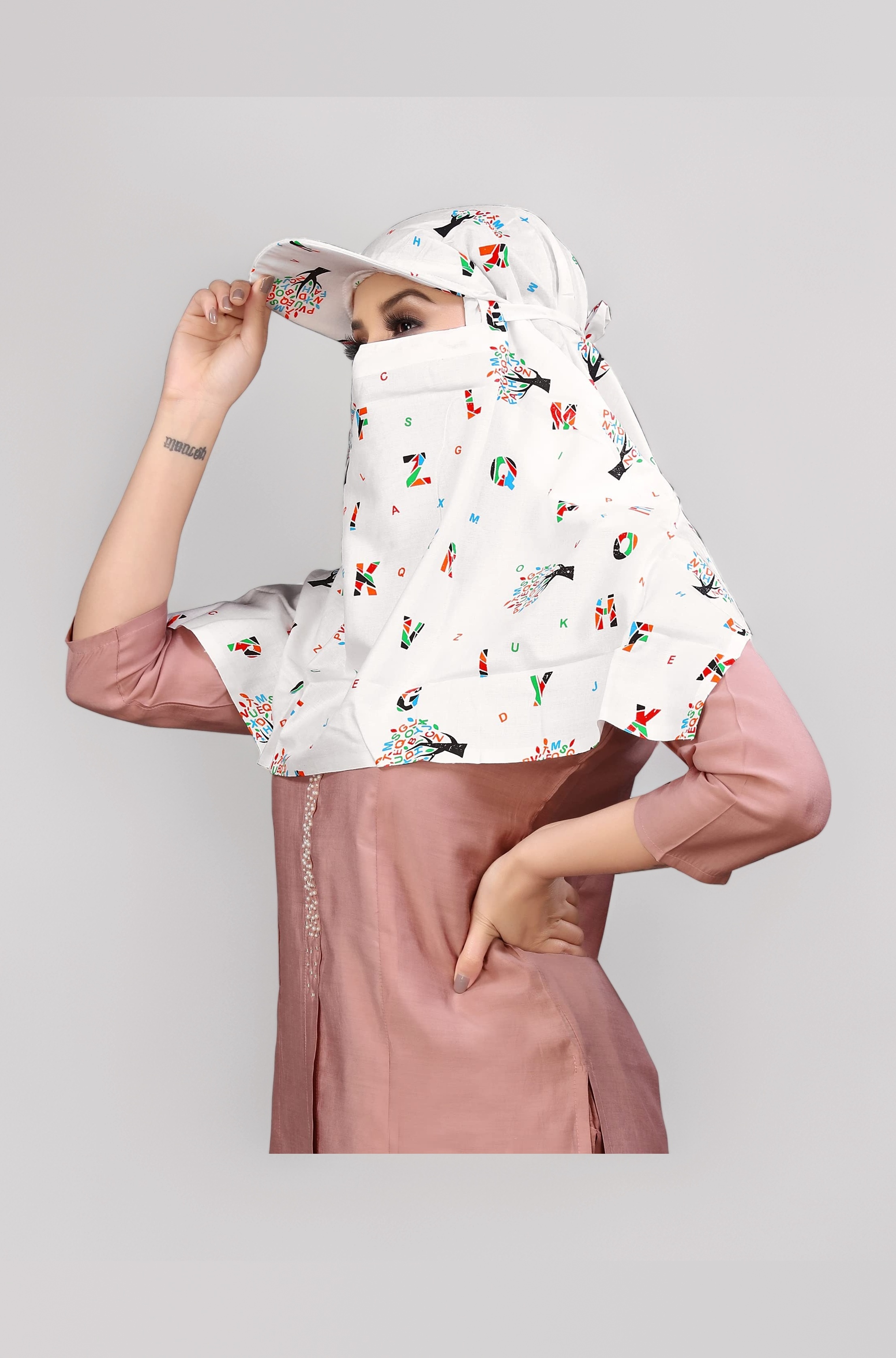 Cotton Short Scarf Cum Mask Universal Size/Usable for vehicle Driver for sunlight UV protection/White Printed Design