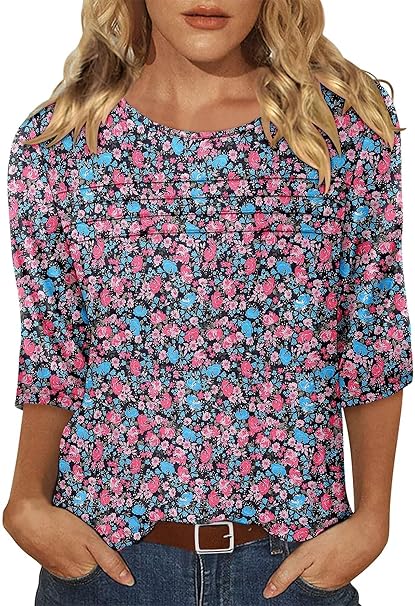 KISSMODA Women's Casual 3/4 Sleeve T-Shirts Round Neck Cute Tunic Tops Basic/Pleated Summer Tops Trendy Spring Blouses