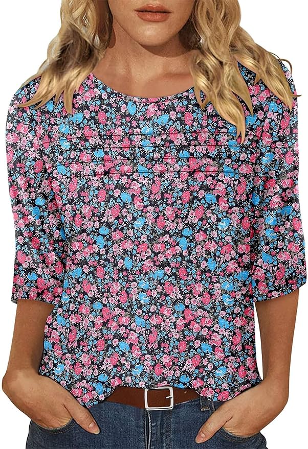 KISSMODA Women's Casual 3/4 Sleeve T-Shirts Round Neck Cute Tunic Tops Basic/Pleated Summer Tops Trendy Spring Blouses