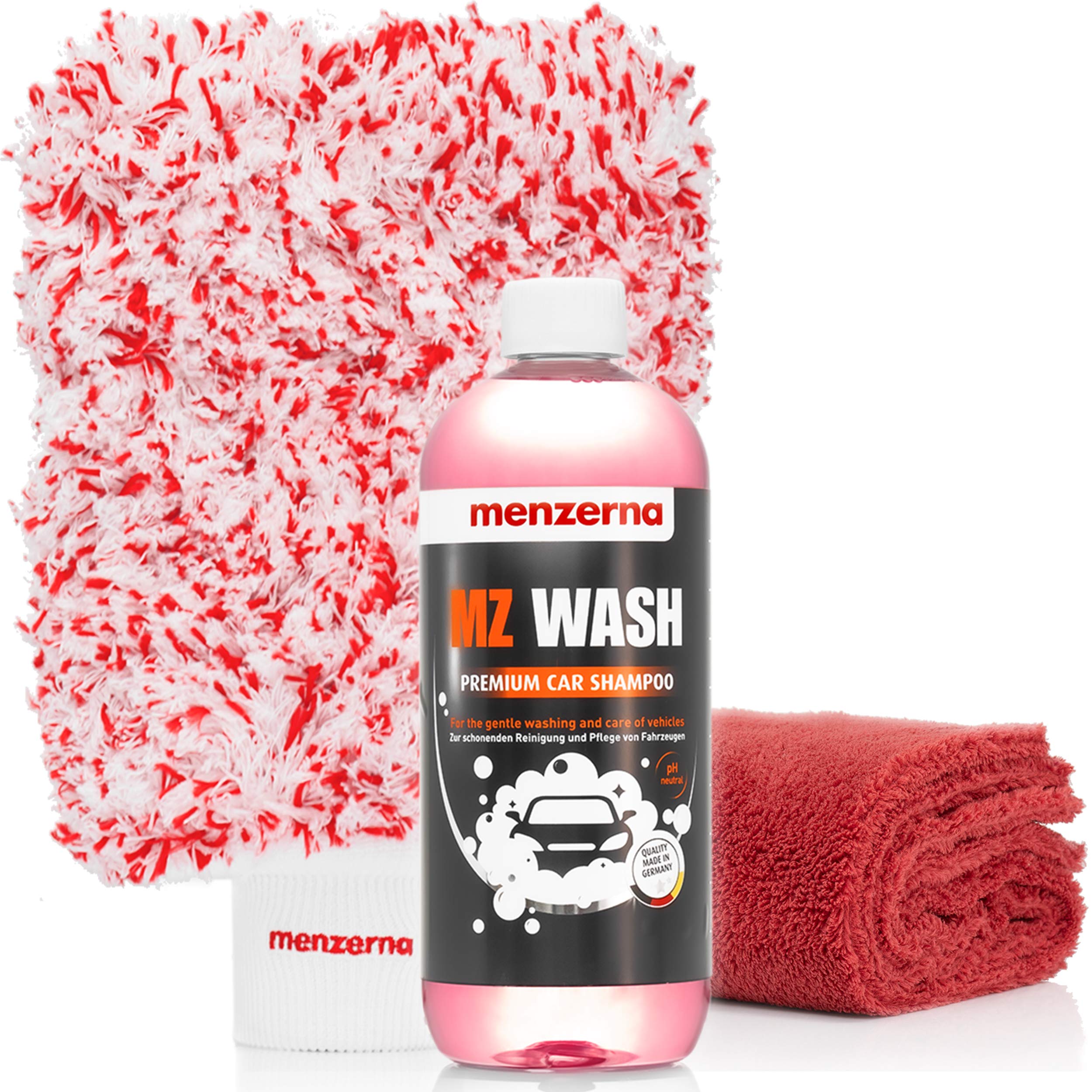 detailmate Autopflege Set: Menzerna MZ Wash Autoshampoo 1 Liter + Menzerna Wash Mitt Waschhandschuh Edgeless Superflausch Mikrofaser Trockentuch 550 GSM, 40x40cm
