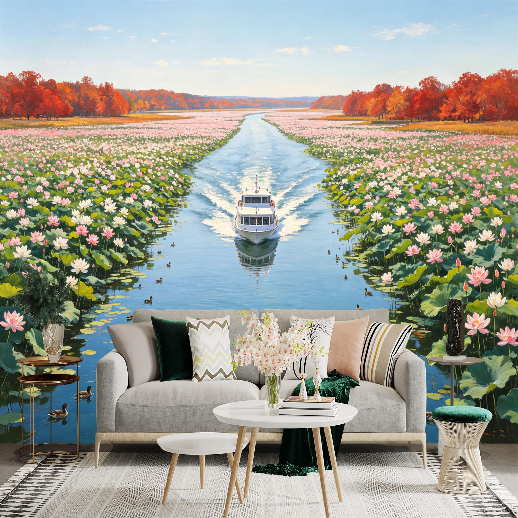 Custom Size Wall Sticker Mural， Boat Sailing on River， Blooming Pink Lotus Pond， Autumn Forest Landscape， for wall Decoration， peelandstick wall Decals.