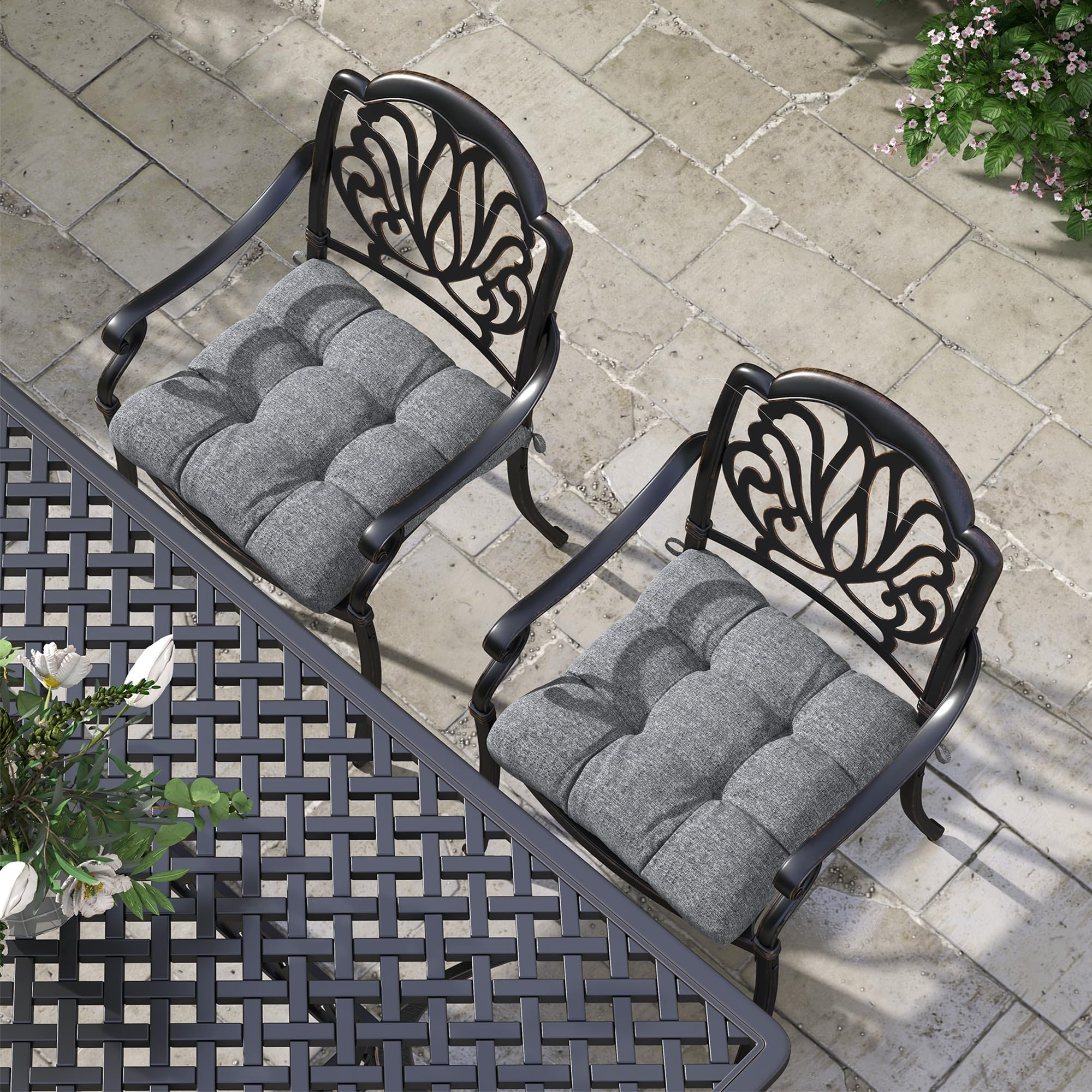 Outsunny Conjunto de Cojines para Sillas de Comedor 48x48x10 cm Juego de 4 Piezas Cojines para Sillas de Jardín Impermeable y Anti-UV con 2 Cordones de Fijación Gris