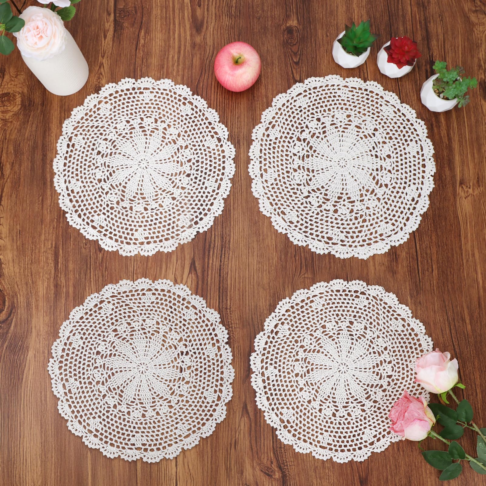 kilofly Crochet Cotton Lace Table Placemats Doilies Value Pack, 4pc, Beige, 13.7 inch