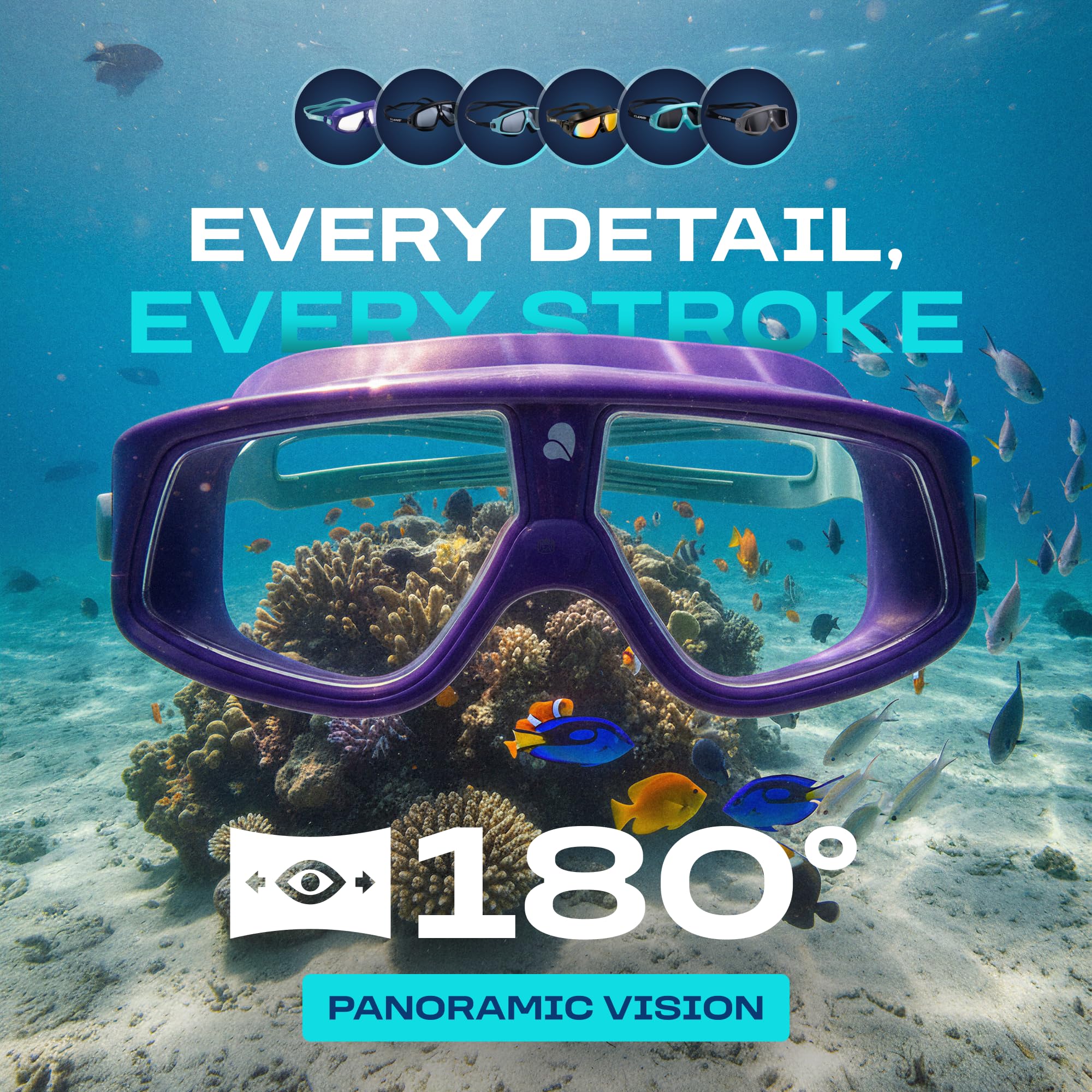 Clear'r Focus - Maschera da nuoto per adulti, per adulti, visione panoramica, maschera in silicone, rivestimento antigraffio