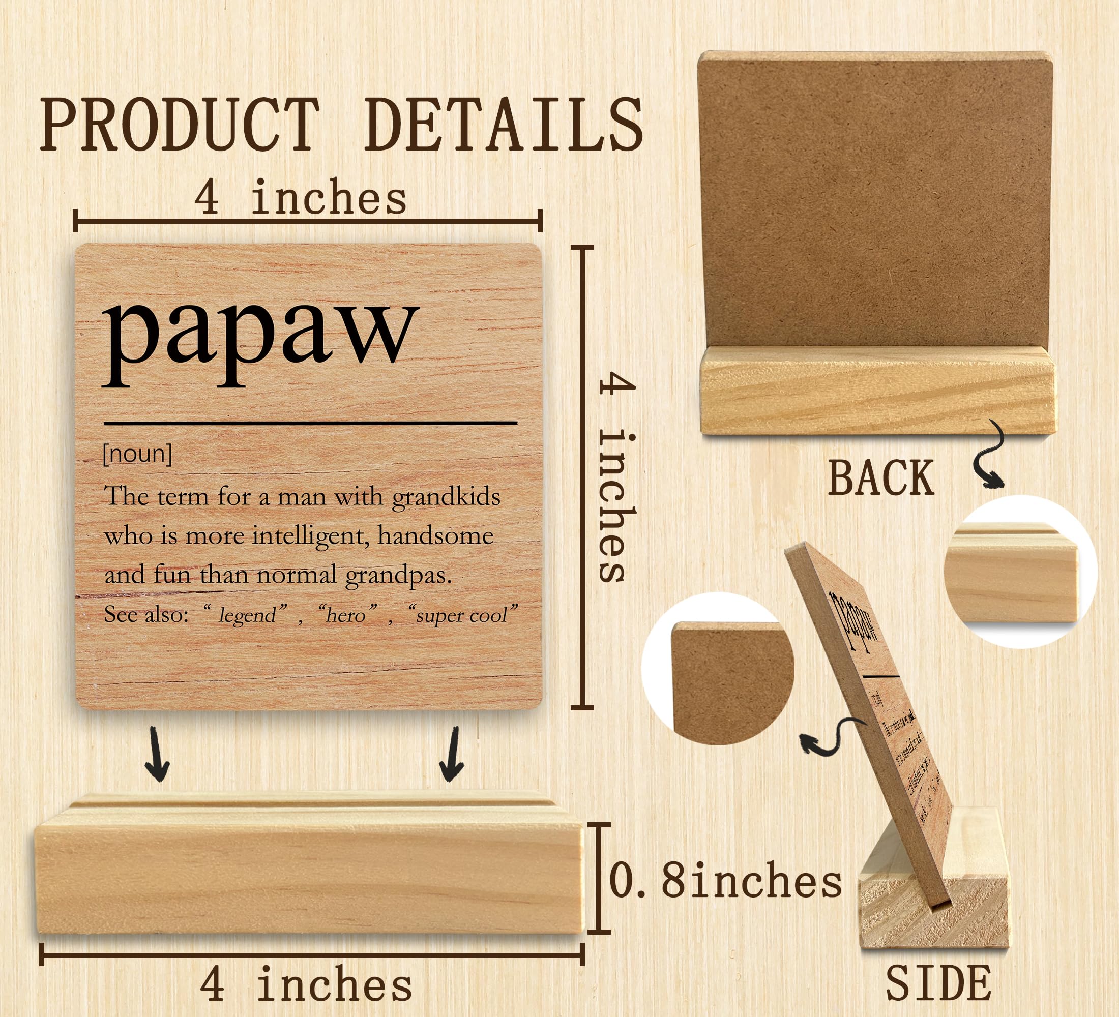 QASHWEY Papaw Gifts Desk Decor, Gifts for Papaws Grandpa, Papaws Gift for Grandpa Fathers Day, Grandpa Papa Gift Wood Table Signs, Papaw Definition Wooden Plaque with Wooden Stand for Room Home