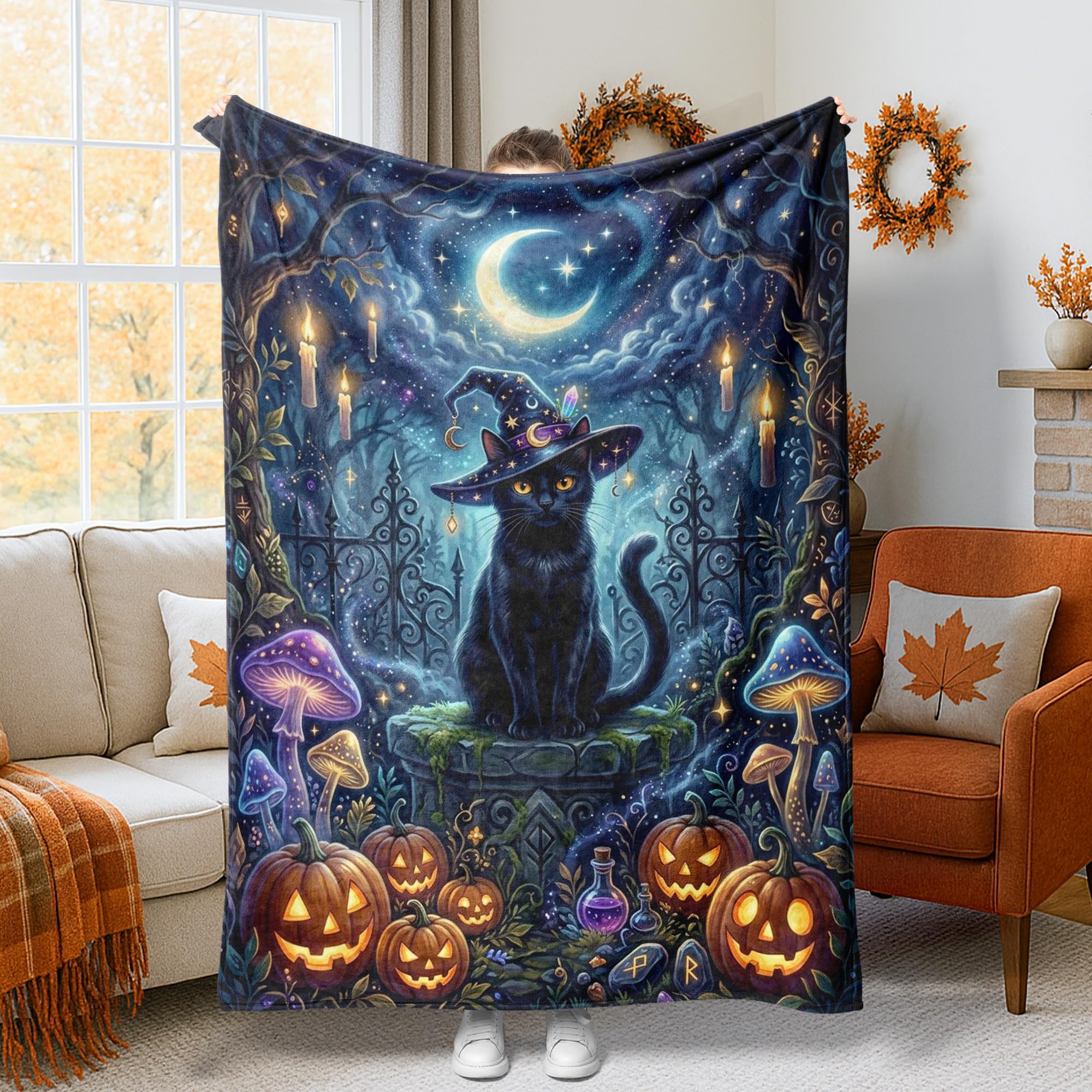 Couverture flanelle Halloween haut de gamme motif citrouilles mystiques bleu foncé grand lit
