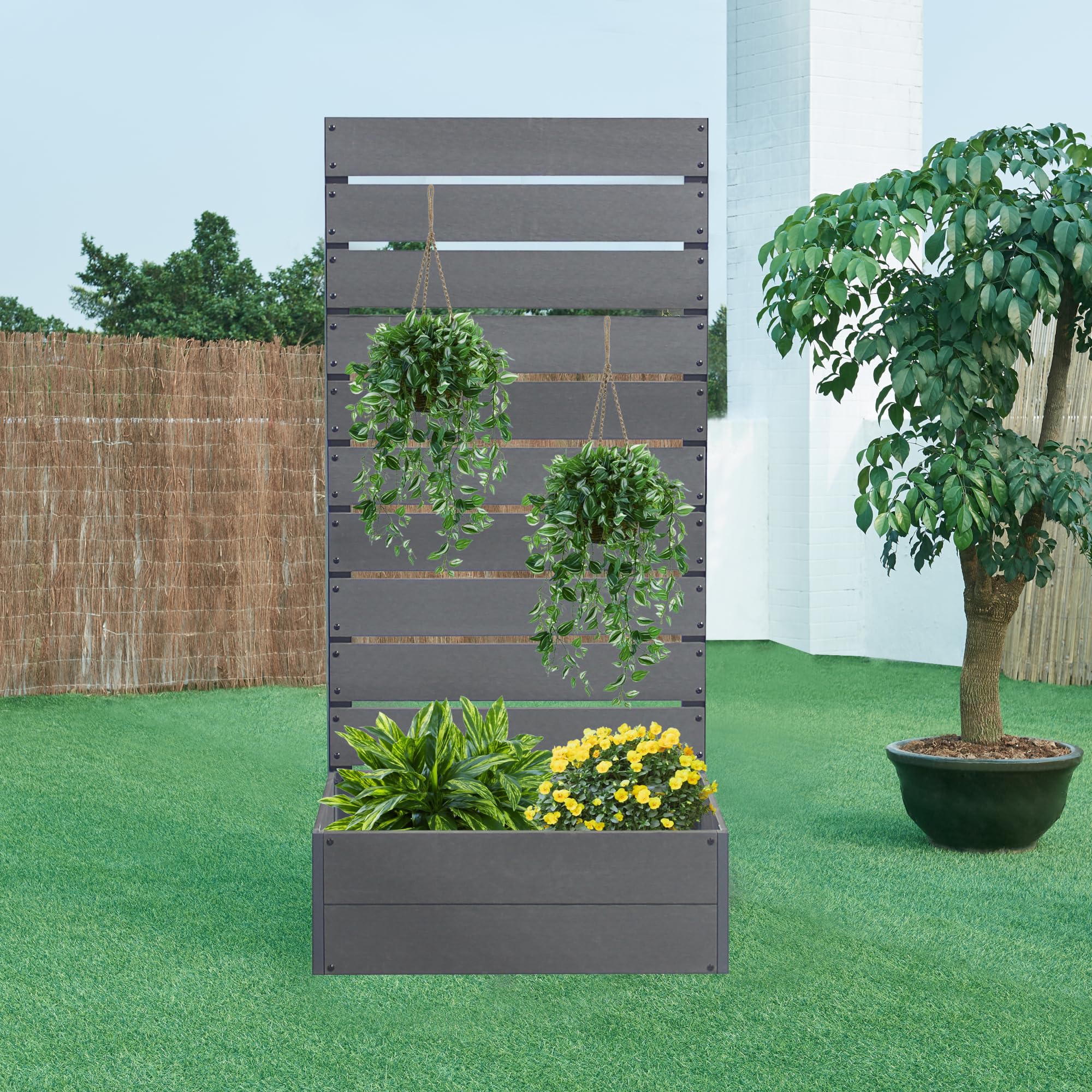 [en.casa] Jardinera Heerde con Biombo para Terraza Macetero con Pantalla de Privacidad para Jardín Patio Balcón WPC 150 x 72 x 38 cm - Gris