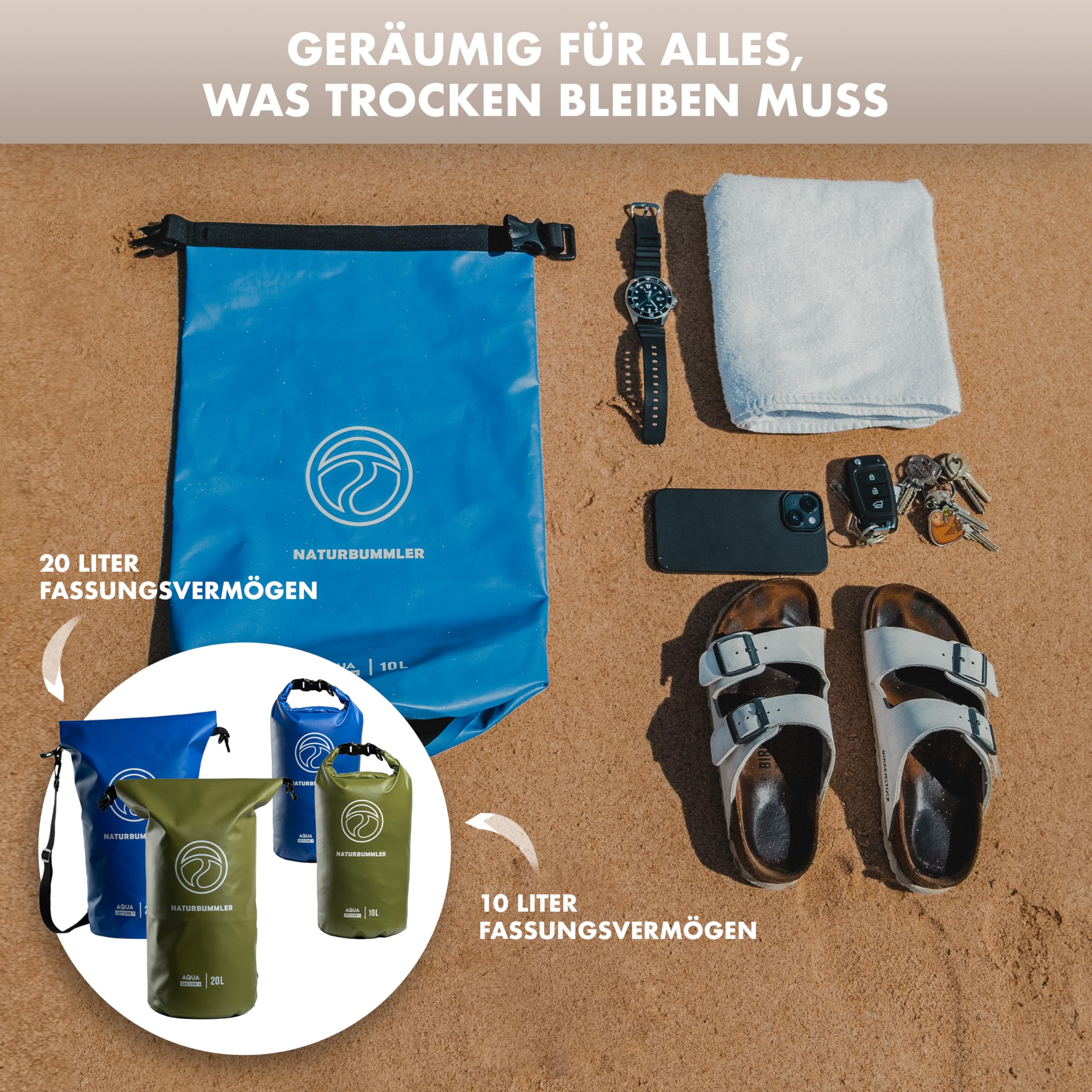 NATURBUMMLER Dry Bag 20L [Aqua Secure+] 100 % wasserdichte Tasche mit Schultergurt & Rucksackfunktion – wasserfester Packsack für SUP, Angeln, Camping & Outdoor – Drybag Beutel (Marineblau)