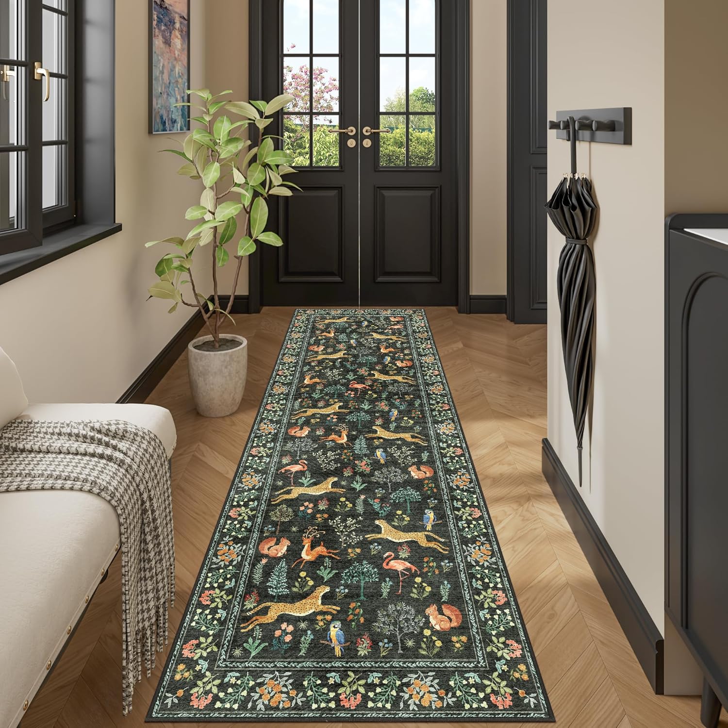 DUKINO 2x6 Rug for Hallway, Washable Kitchen Runner Rug with Non Slip Backing, Soft Low Pile Vintage Animal Runner for Bedroom, Kitchen, Hallway, Entryway, Laundry, Black - Image 5