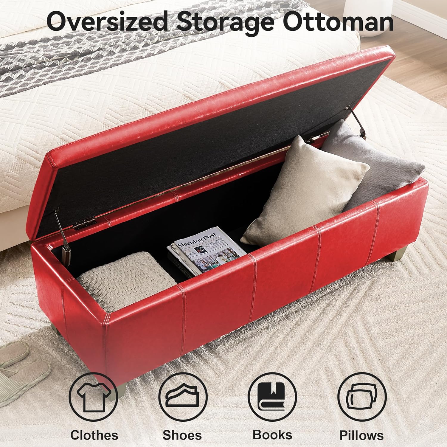 51" Faux Leather Storage Ottoman, Stitch Tufted Rectangle Upholstered End of Bed Storage Bench, Entryway Large Couch Ottoman with Wooden Legs,Red - Image 3
