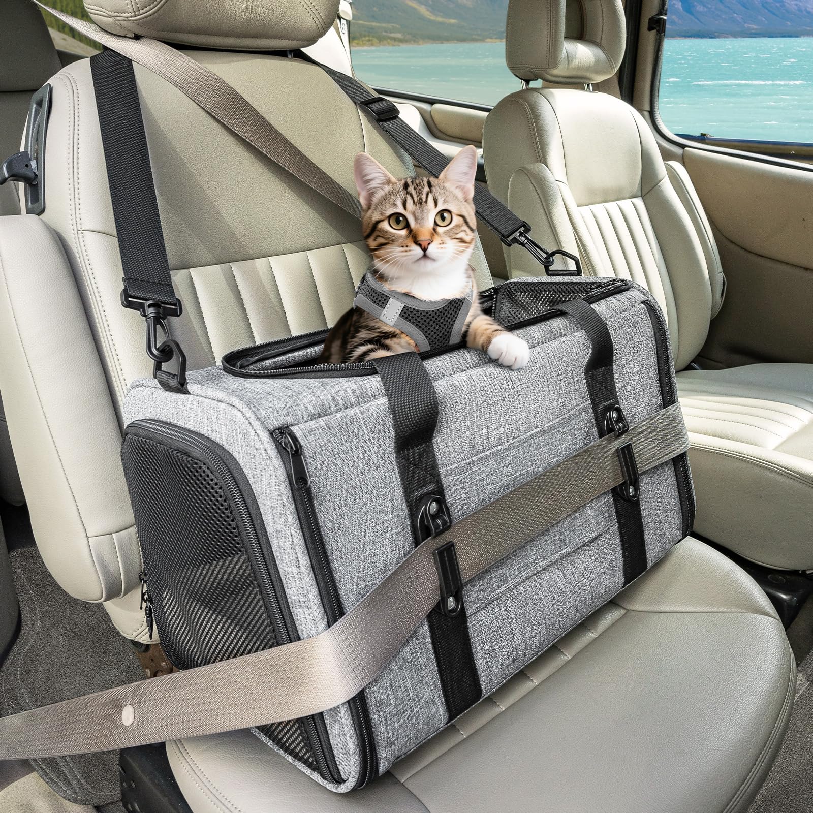 Cat Carrier Soft with Patented Safety Buckles,Safe for Car Travel