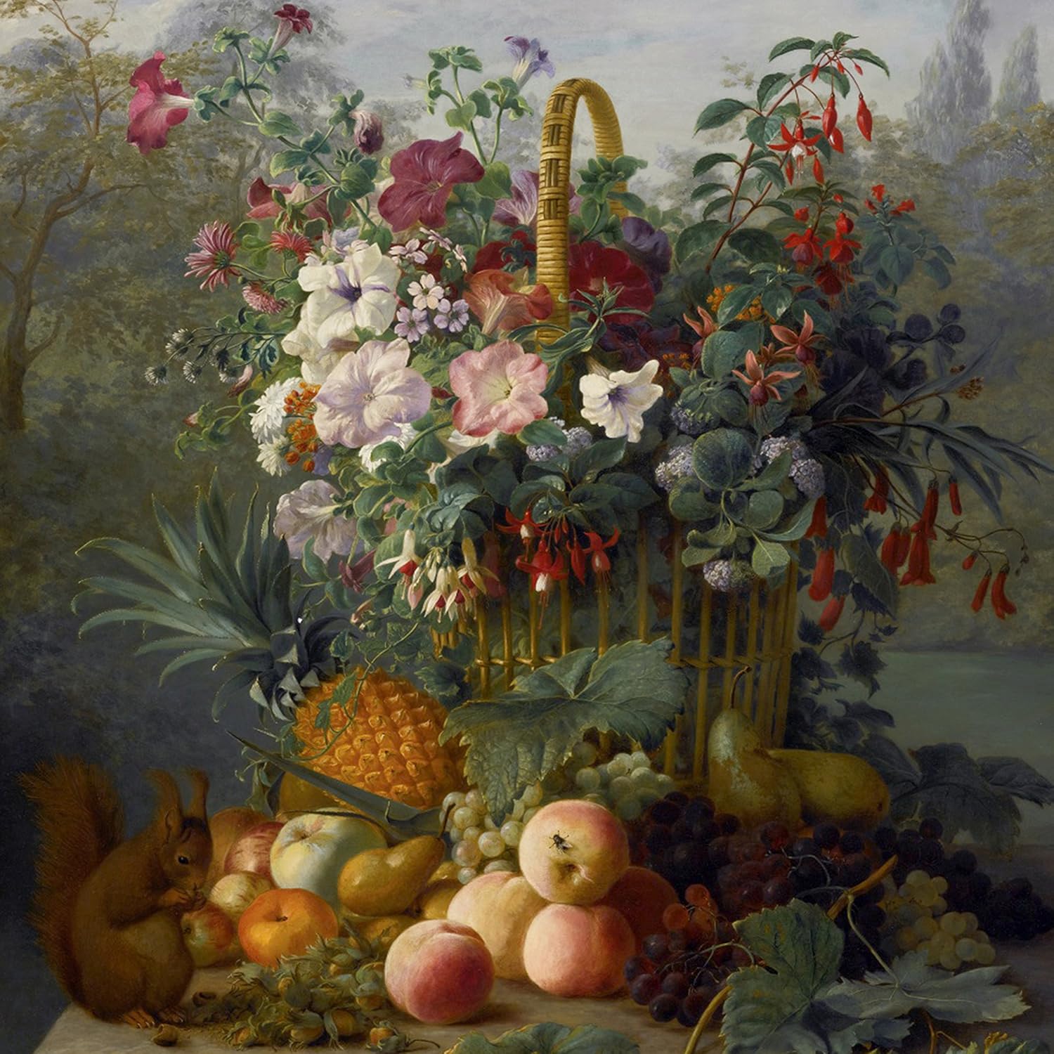 Still Life with Fruit and Flowers by Dutch School 19th Century Squirrel Basket Accent Tile Mural Kitchen Bathroom Wall Backsplash Behind Stove Range Sink Splashback One Tile 4.25" Ceramic, Matte